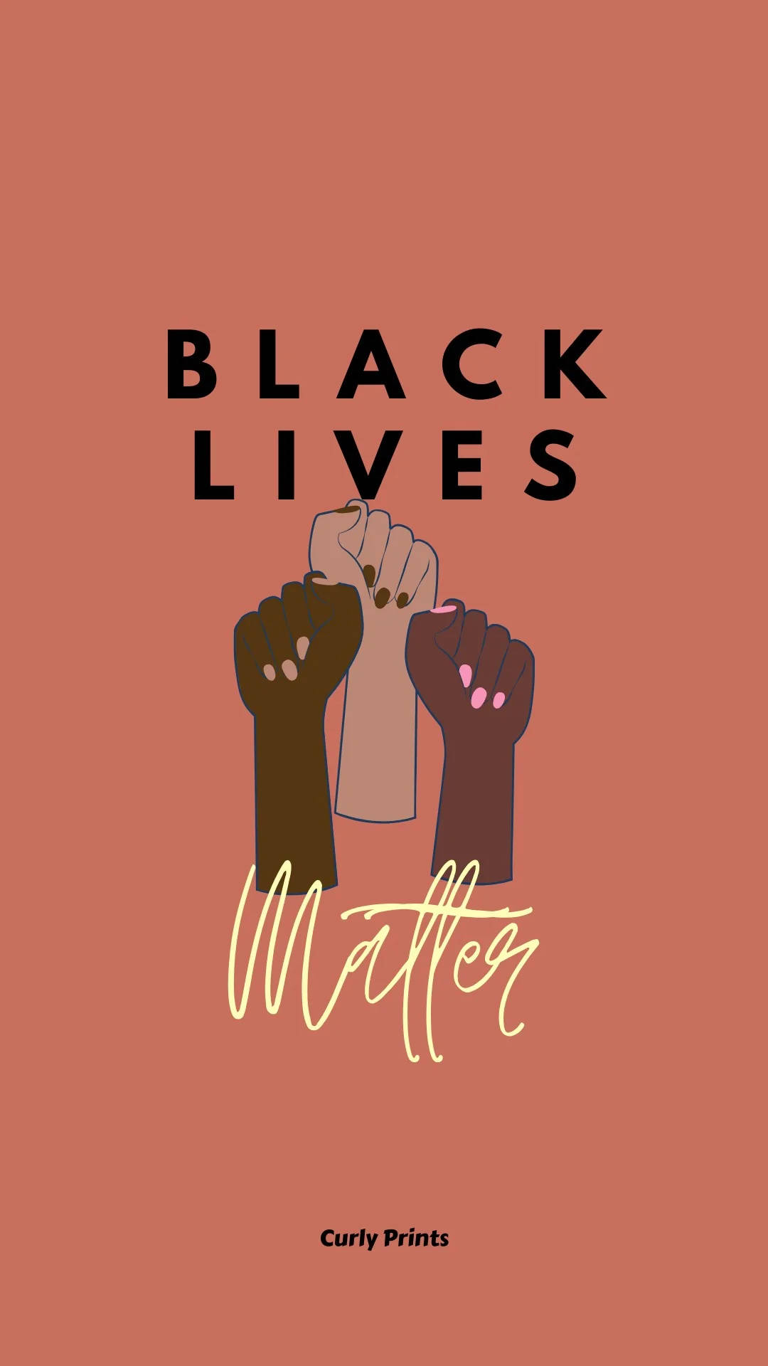 三隻不同膚色的舉起拳頭，帶有文字 Black Lives Matter