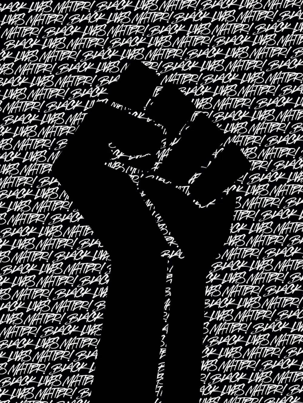 黑色舉起拳頭符號，背景為重複的 black lives matter 文字