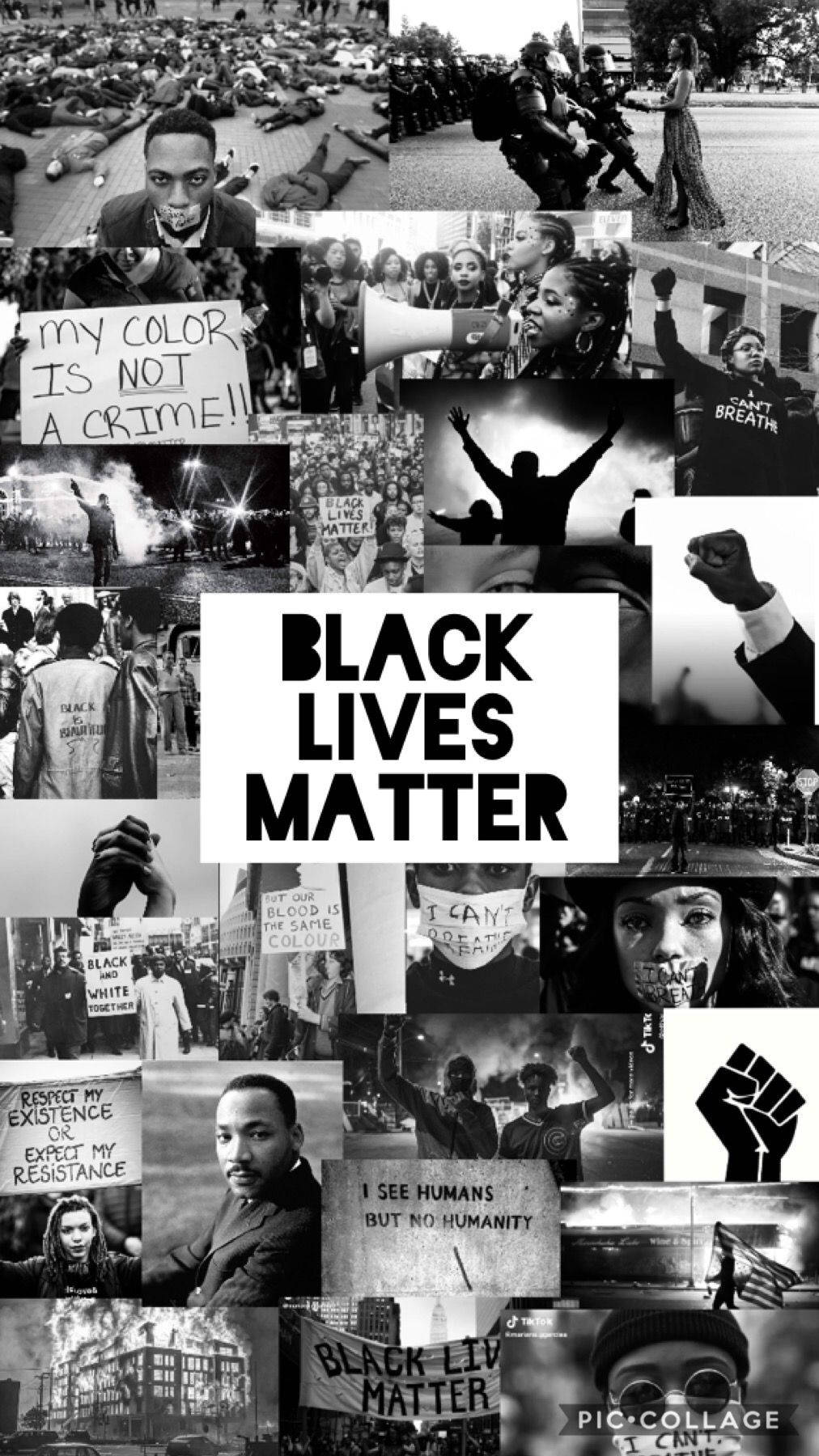 黑白抗議拼貼，包含 Black Lives Matter 標語和舉起的拳頭。
