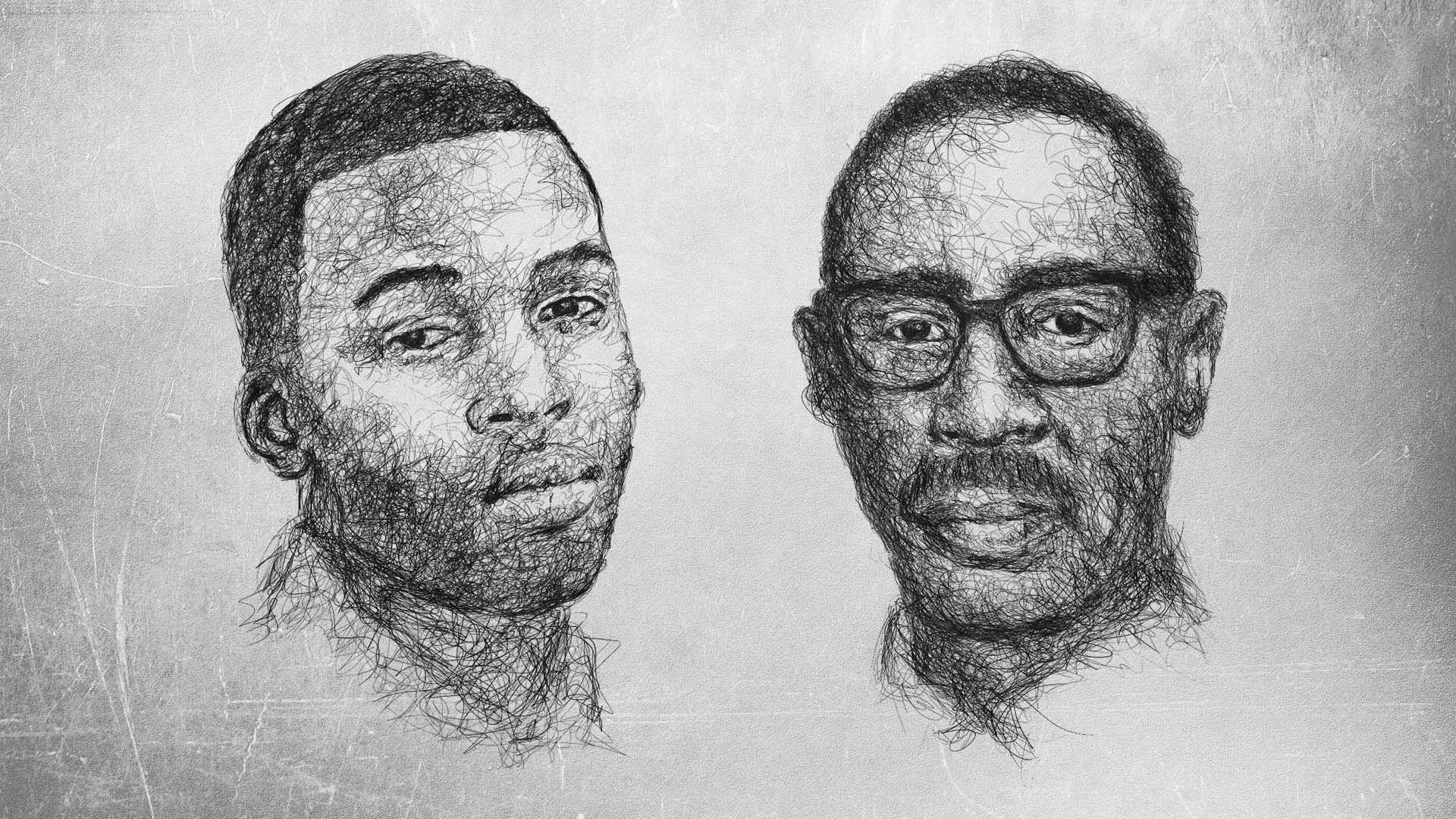 黑人男同性戀者Gemmel Moore與Timothy Dean 壁紙 — 兩個男人的肖像以複雜的黑色塗鴉呈現在有紋理的灰色背景上。