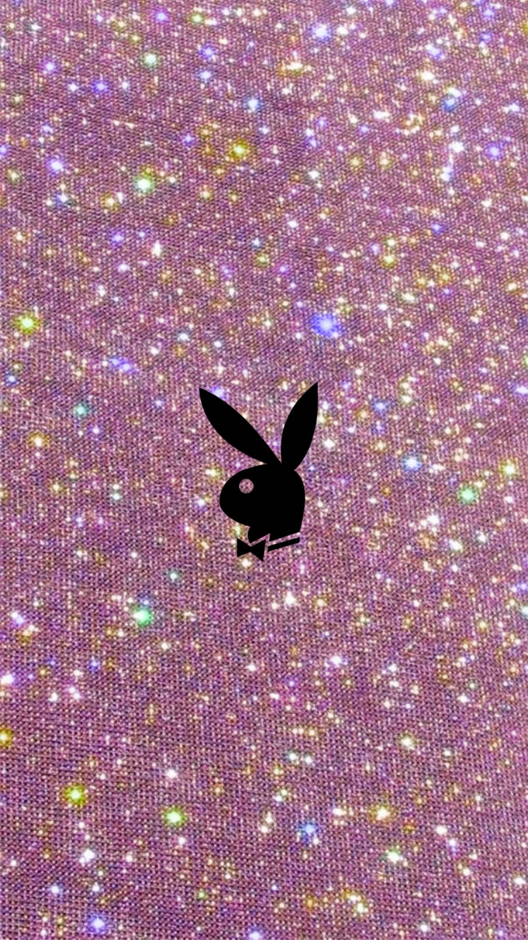 黑色Playboy兔仔標誌在閃爍的粉紅色背景上，帶有彩虹閃粉。