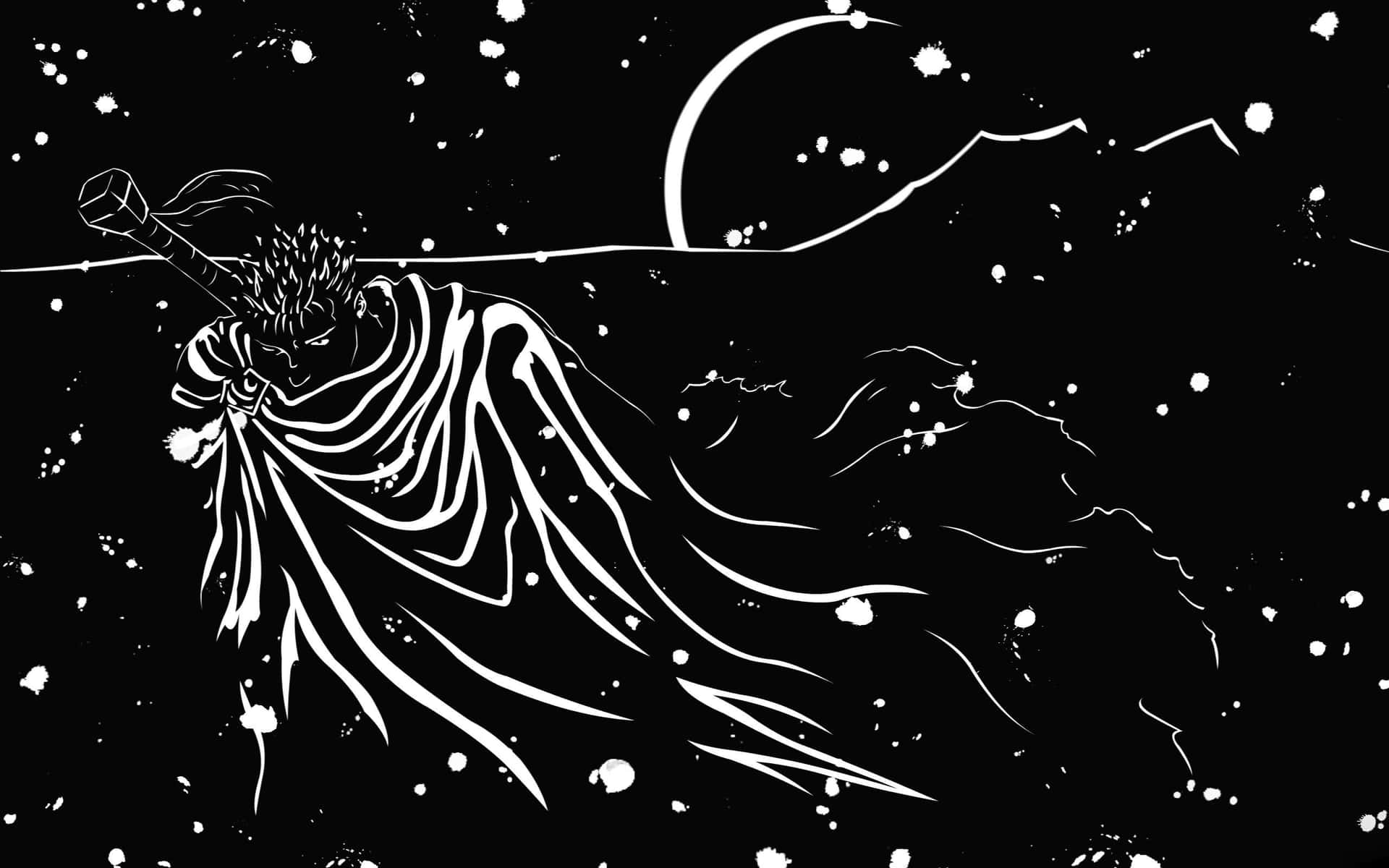 白色剪影的動漫戰士在彎月和星星下揮劍