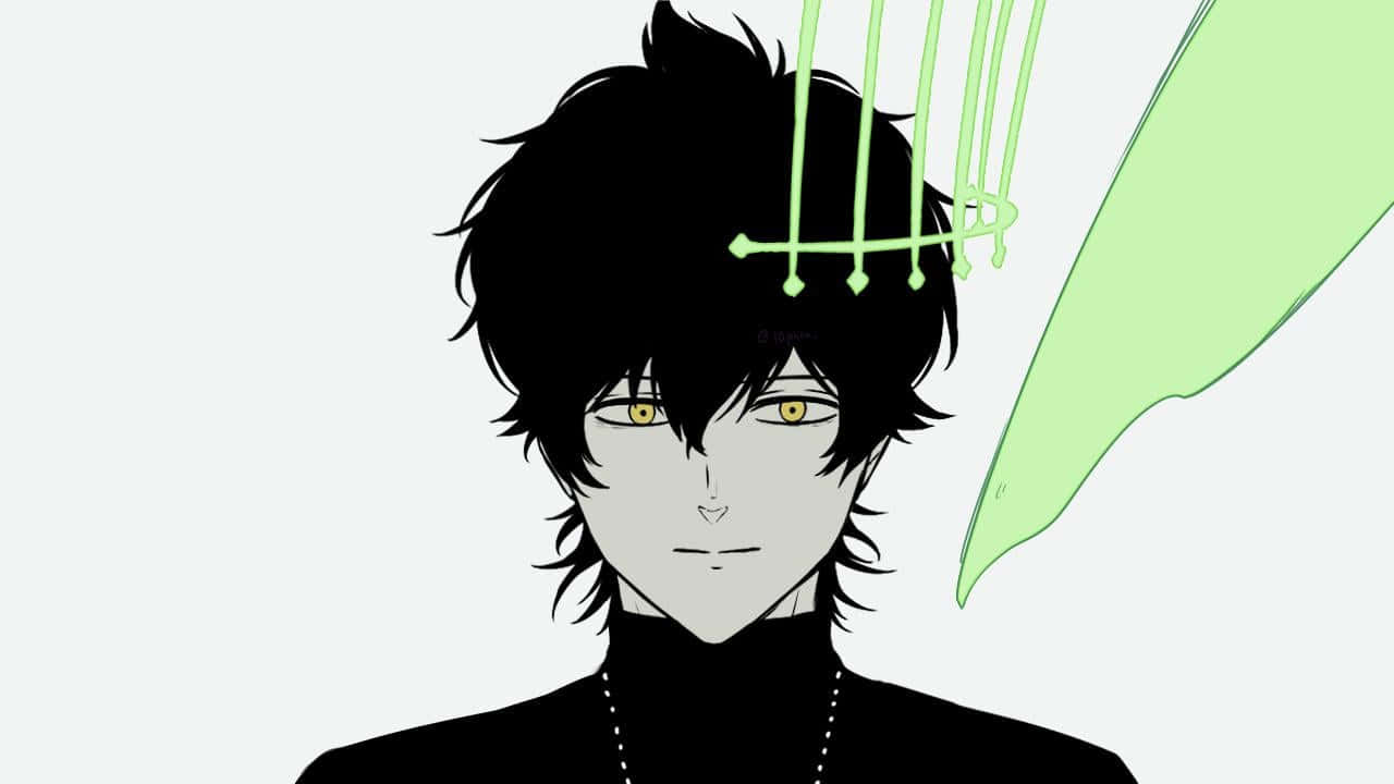 黑執事 Yuno 風景畫 壁紙 — 擁有黑色頭髮和黃色眼睛的動漫角色，被發光的綠色抽象形狀包圍。