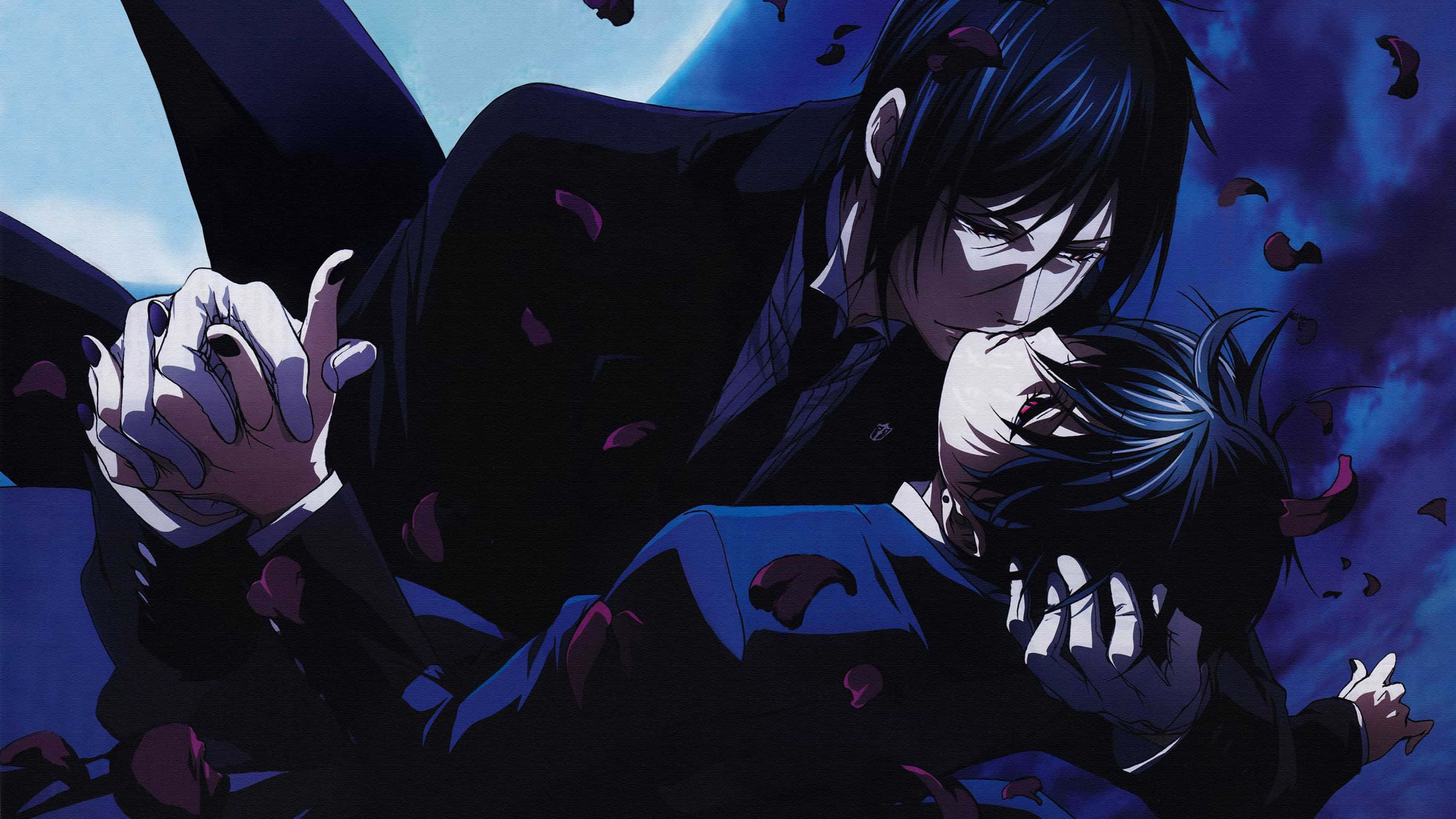 《黑執事》中 Ciel 與 Sebastian 的故事 壁紙 — 兩個動漫角色在月光下熱情擁抱，深紅色的花瓣在他們周圍飄落。