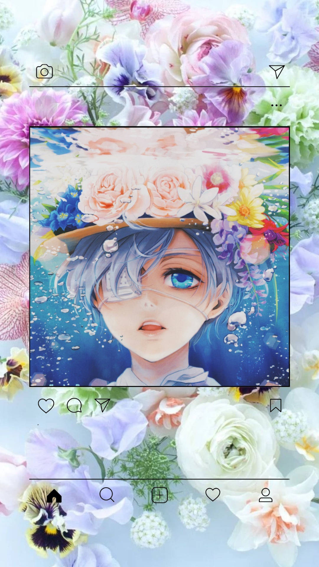 動漫男孩，藍色頭髮，戴著花冠，浸在水中，有漂浮的花朵。