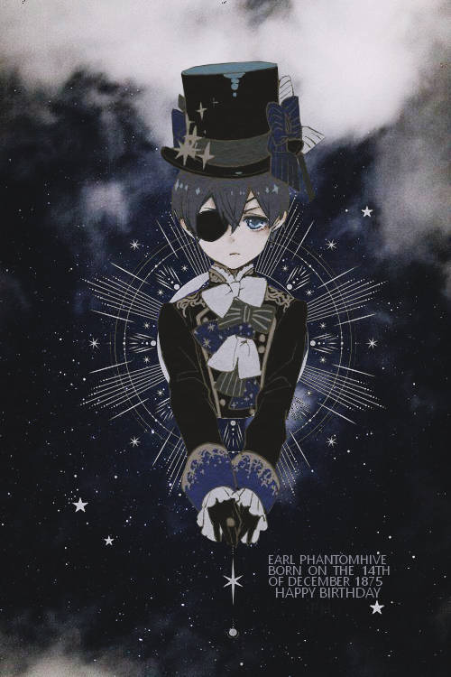 動漫角色 Earl Phantomhive 穿著正式服裝在星空漂浮，帶有生日文字。