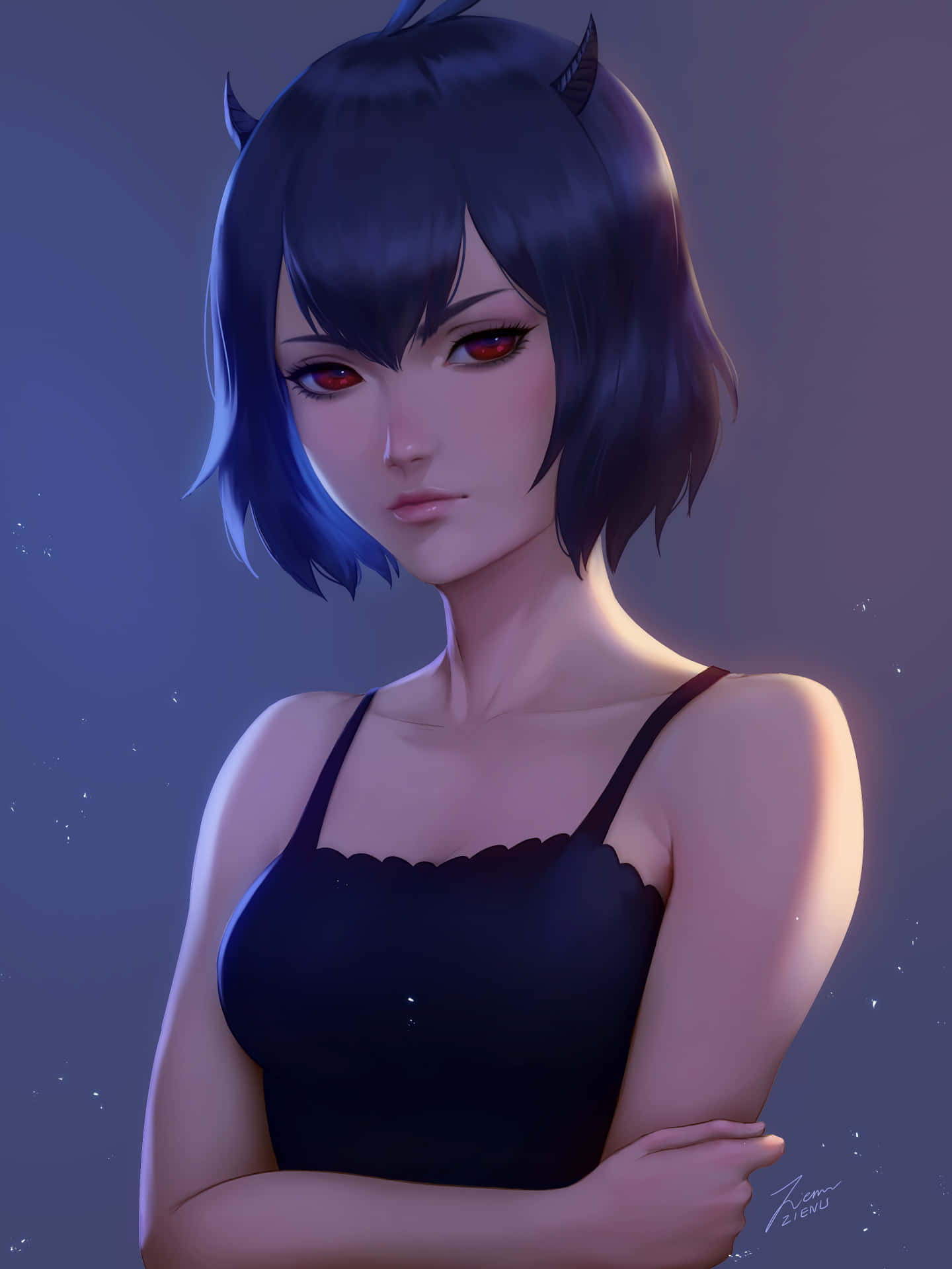 動漫女孩，有角和紅眼睛，穿著黑色上衣，背景是星空夜空。