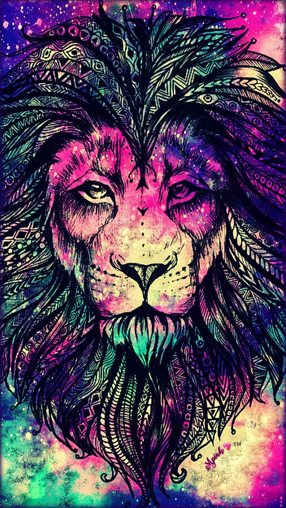 一隻帶有部落圖案的風格化獅子，背景是色彩繽紛的宇宙。