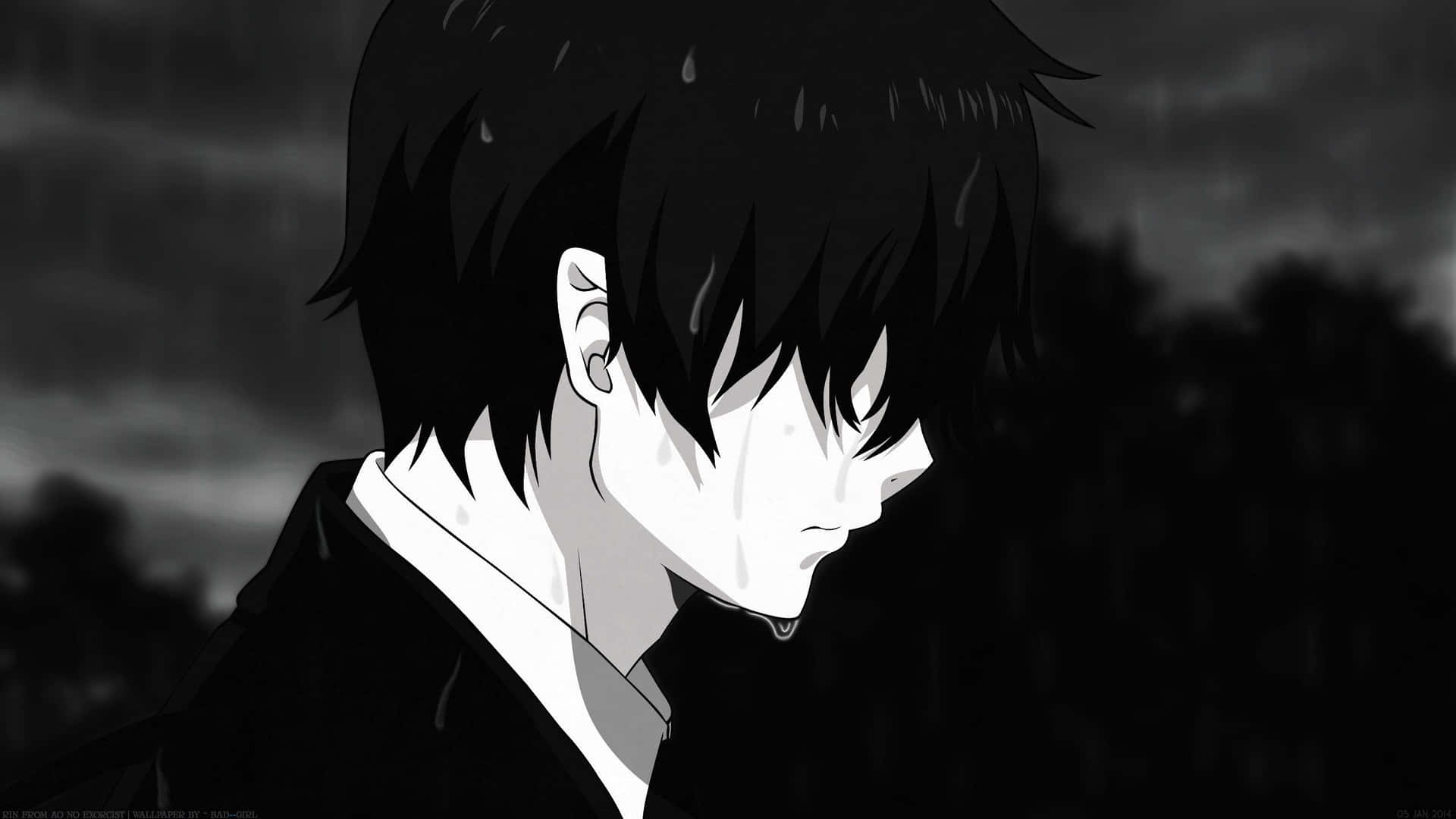 動漫男孩在雨中哭泣，背景陰暗