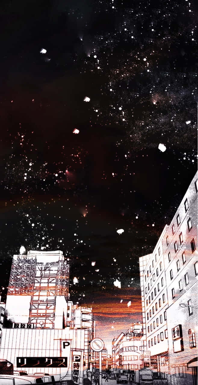 動畫風格的夜間街道，有流星和發光粒子。