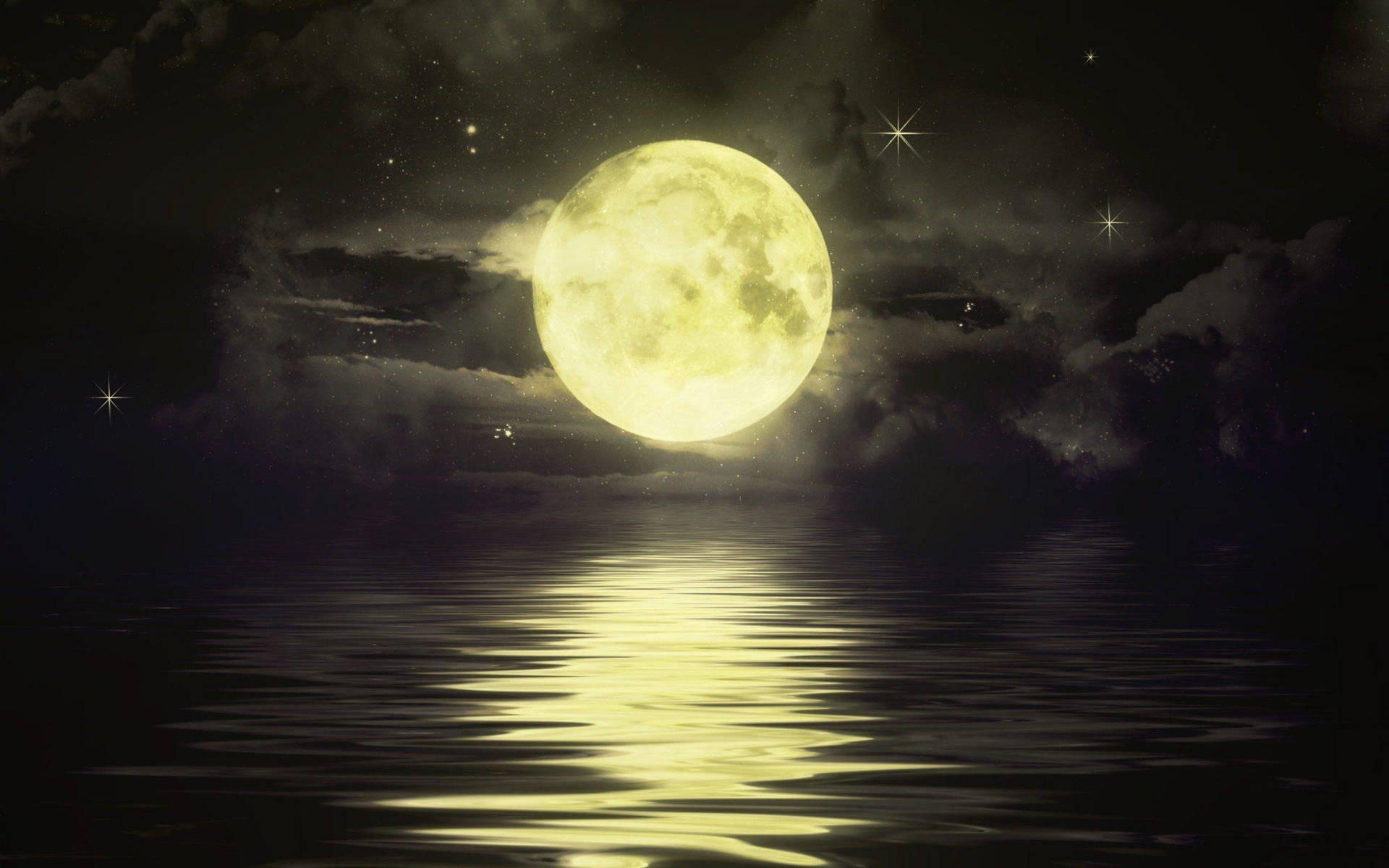 滿月映照在平靜的水面上，背景是繁星點點的夜空和烏雲。