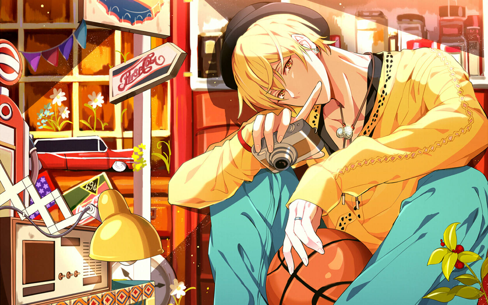 動漫男孩在復古商店中拿著相機和籃球，復古裝飾。