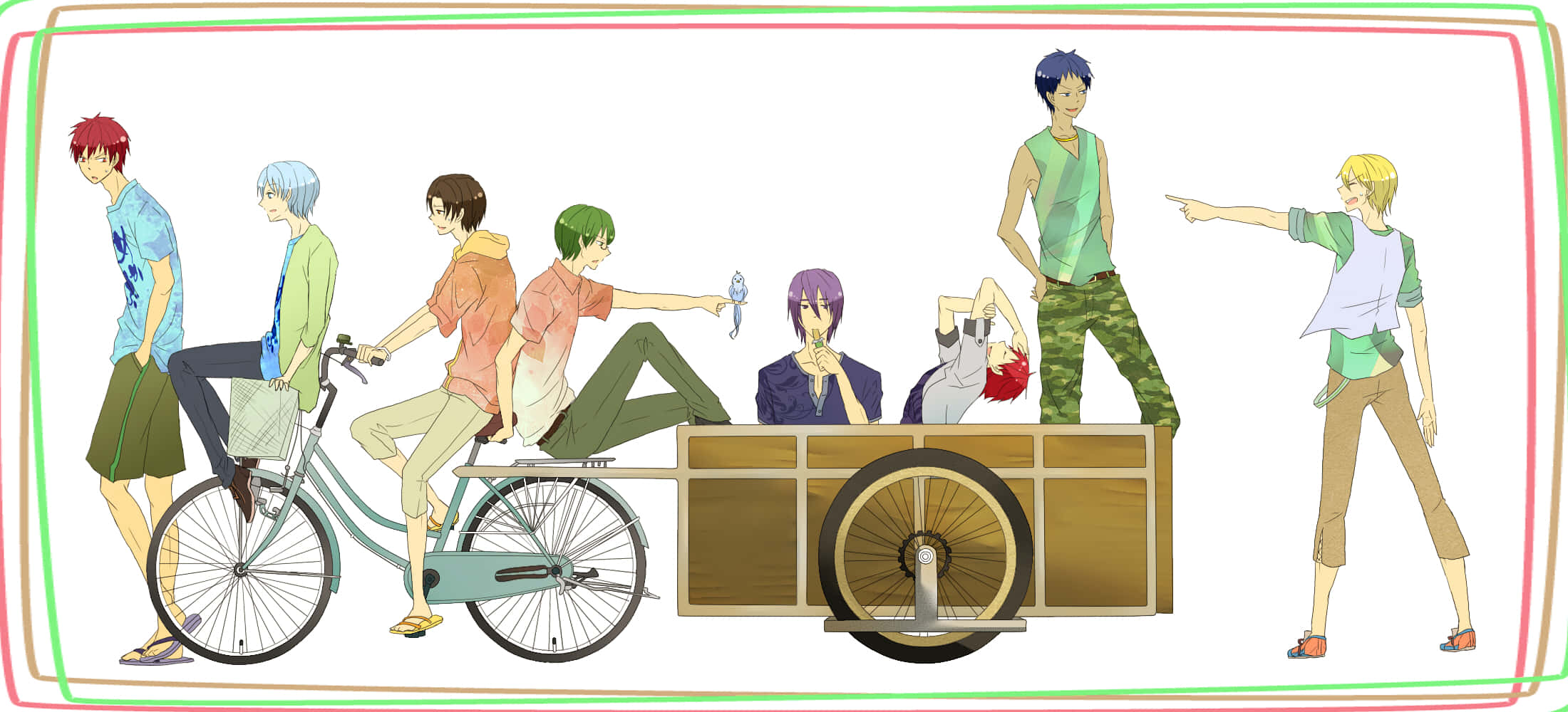 《黑子的籃球》Seirin High籃球隊 壁紙 — 一群擁有不同髮色的動漫角色騎著和站在一輛帶有木製手推車的自行車周圍。