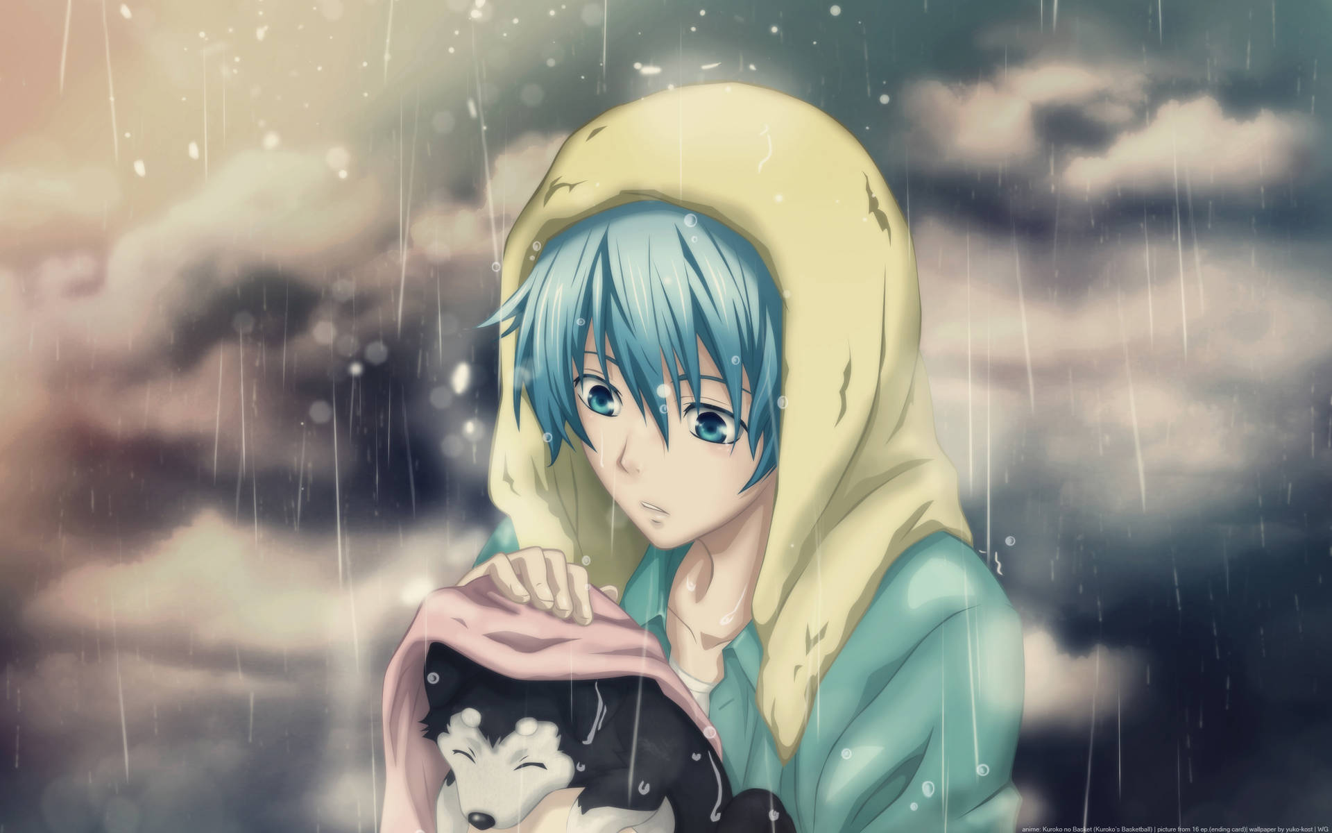 一個藍髮動漫男孩在雨中庇護一隻睡著的哈士奇幼犬。