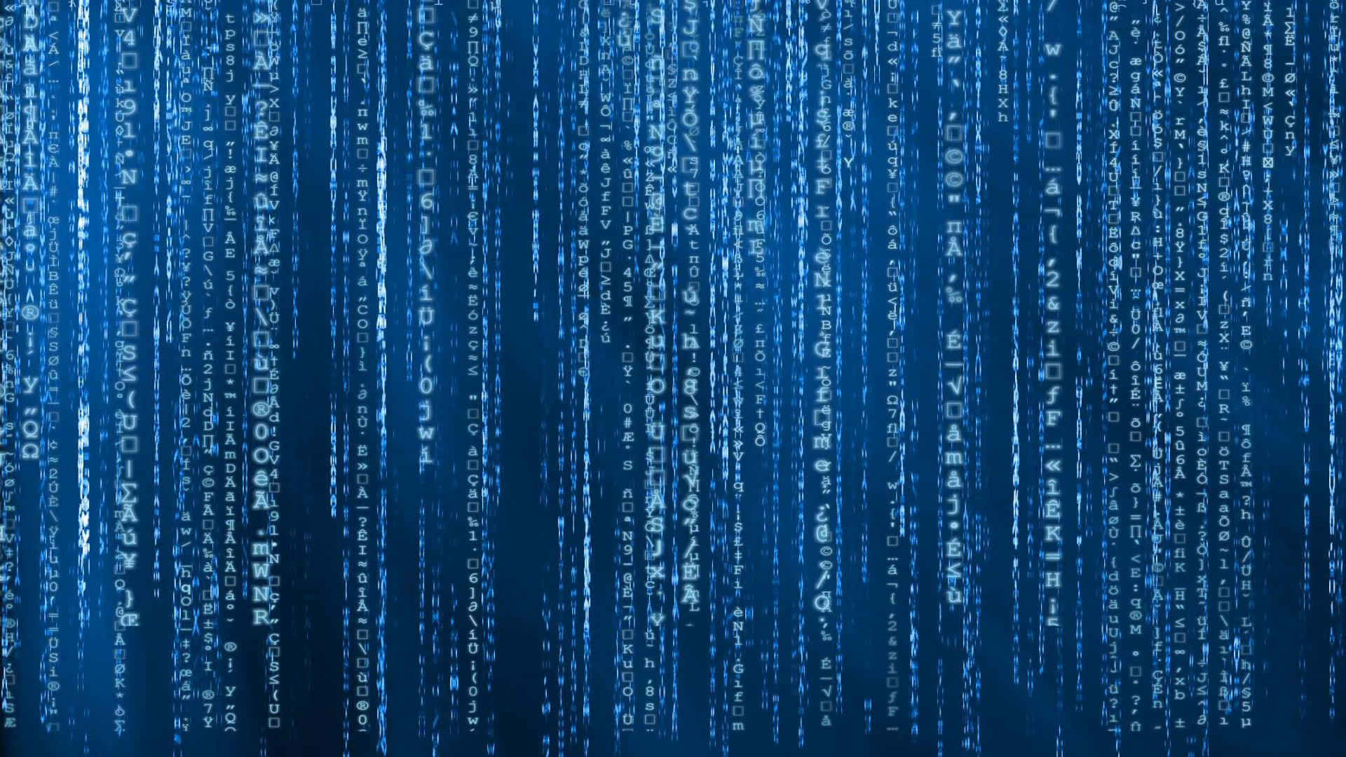 發光白色代碼的數碼雨在藍色 cyberpunk 場景中落下。