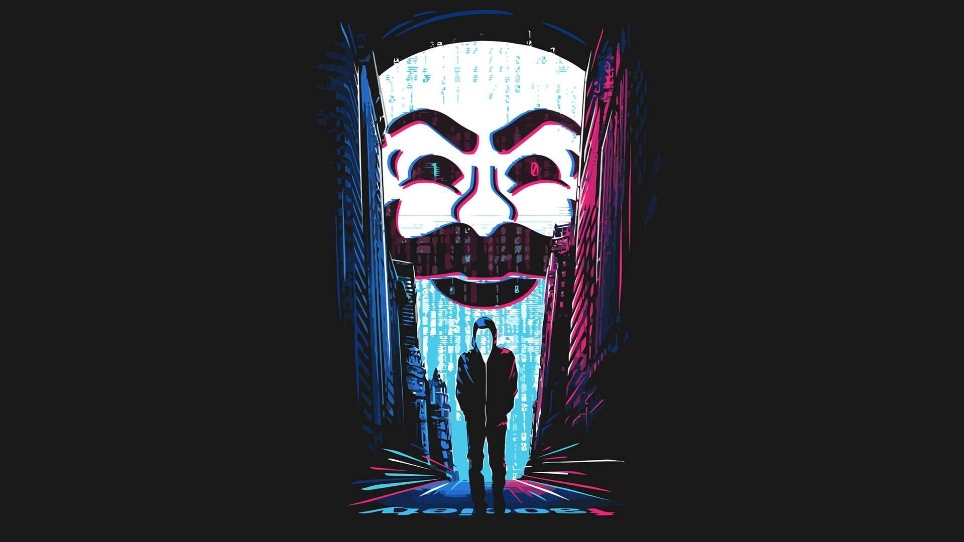 穿著連帽衫嘅人企喺霓虹小巷中巨大發光嘅蓋伊·福克斯面具下面。