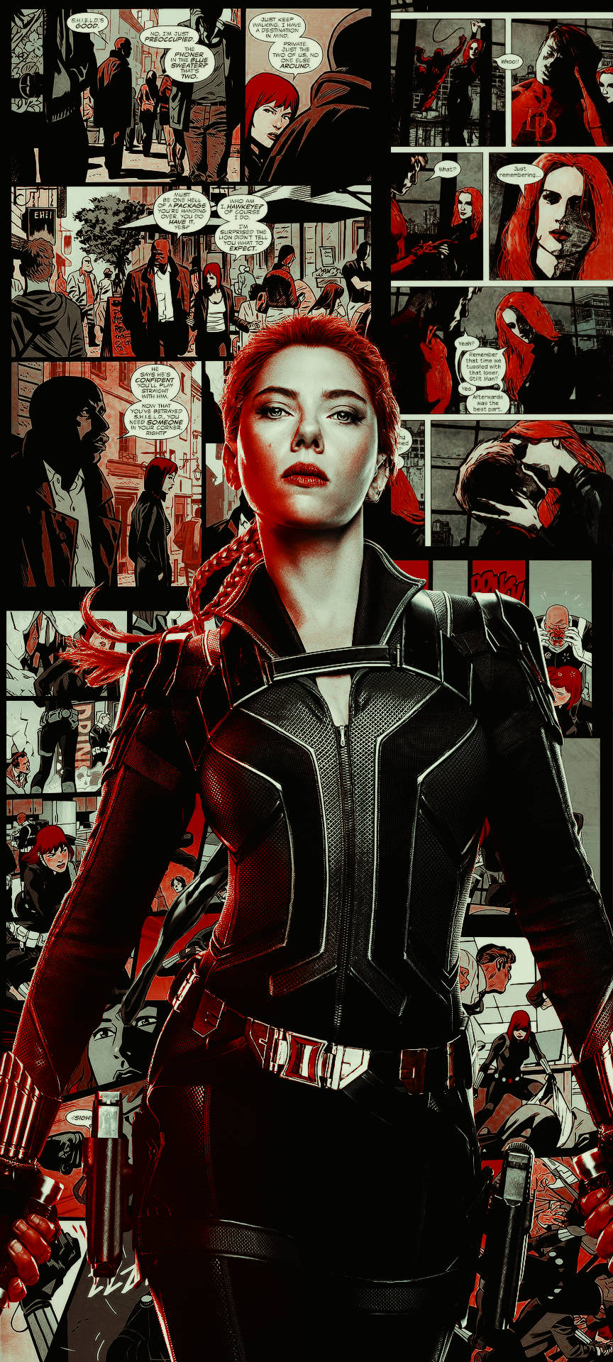 Scarlet Witch 身穿黑色戰術服，紅髮，被漫畫面板環繞。