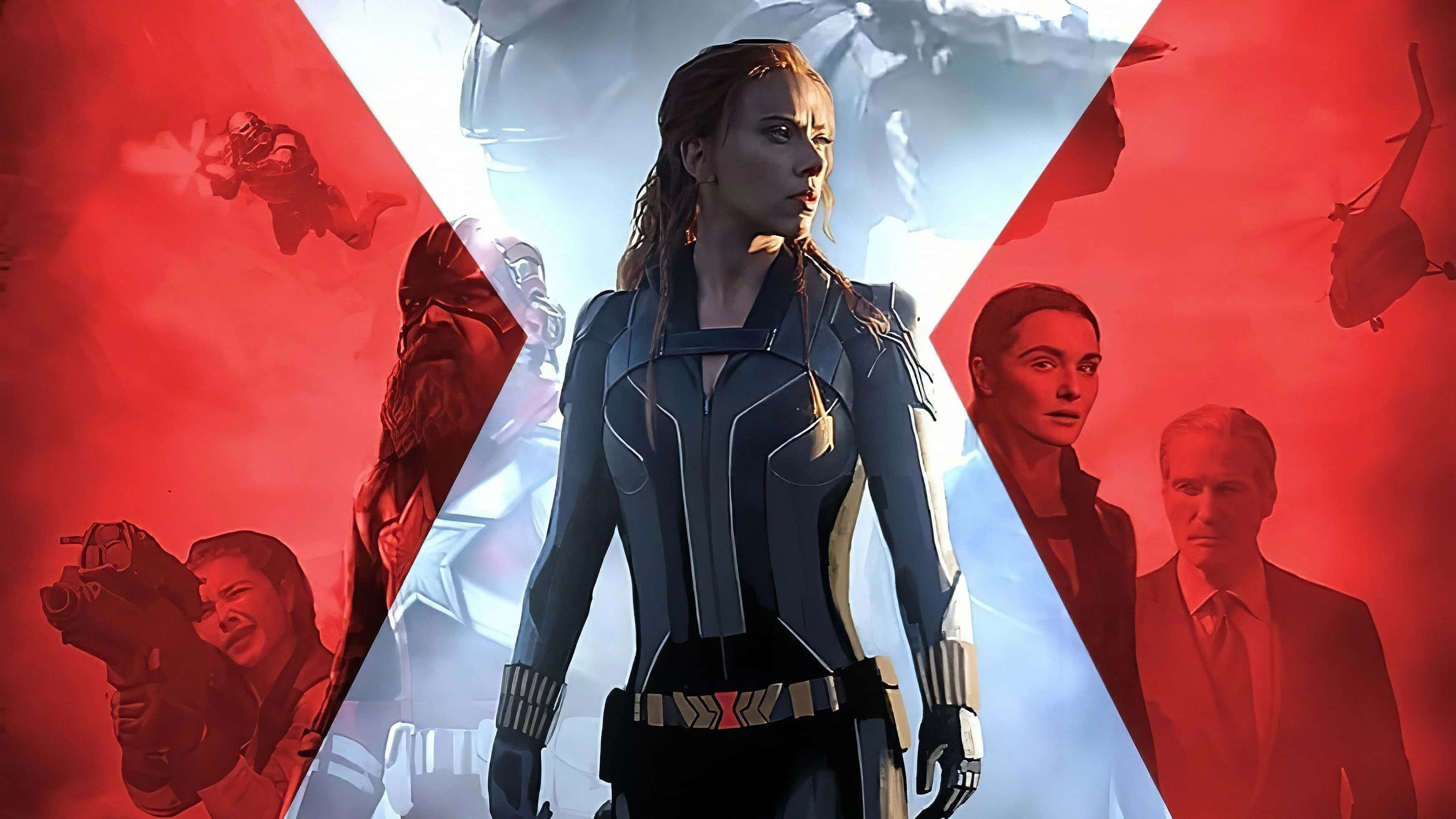 Natasha Romanoff 桌布 壁紙 — 黑寡婦身穿時尚套裝站在舞台中央，背景是動態的紅藍分割背景，包含動作場景和盟友。