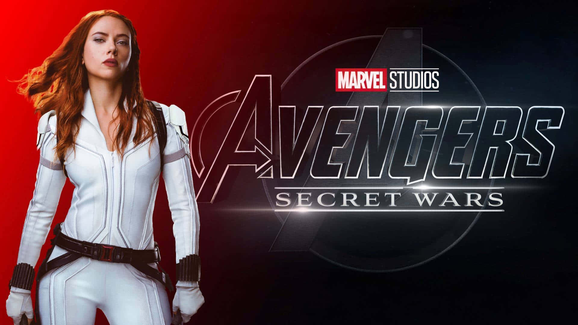 Secret Wars 桌布 壁紙 — 黑寡婦身穿白色戰術服，自信地站在大膽的紅黑復仇者聯盟秘密戰爭標誌背景前。