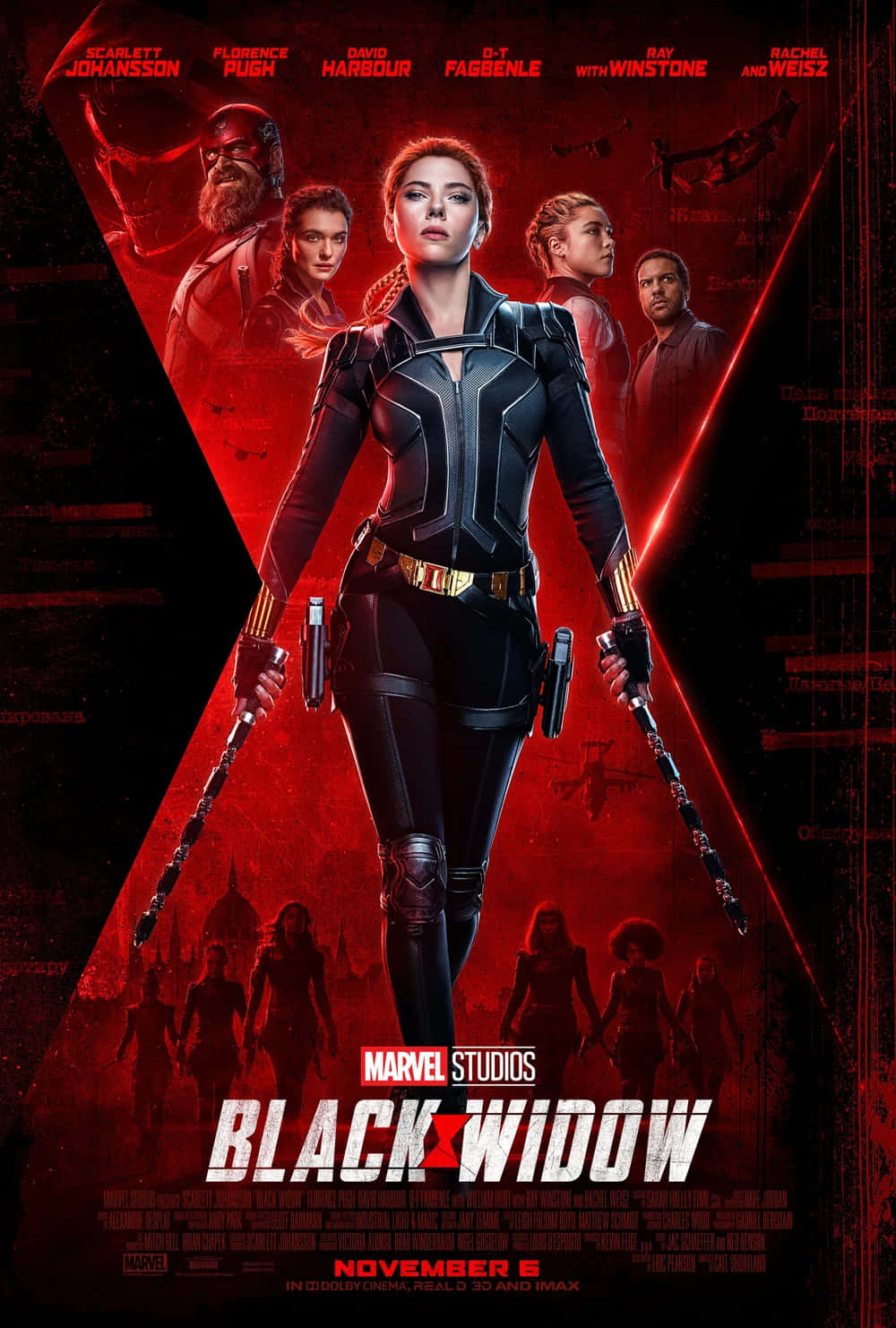 Mcu Phase Four 桌布 壁紙 — 黑寡婦身穿黑色戰術服，手持雙棍，站在發光的紅色X形背景前，身後有她的團隊。