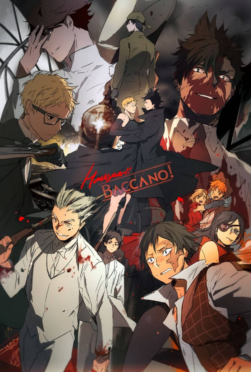黑尾鐵朗排球少年X Baccano粉絲藝術 壁紙 — 來自《Baccano!》的血腥角色以混亂而激烈的姿勢組成的戲劇性動漫拼貼畫。