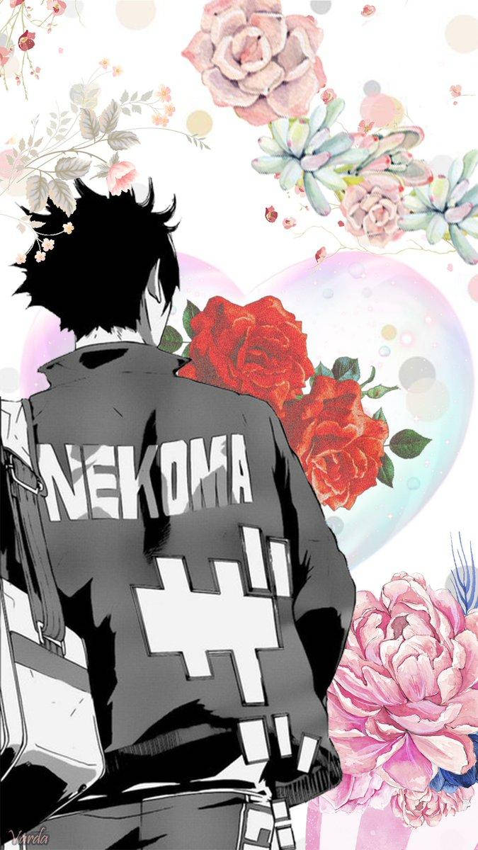 黑尾鐵朗玫瑰花園背影 壁紙 — 身穿黑色外套、背後印有「NEKOMA」的動漫角色，站在充滿活力的水彩花卉和粉彩泡泡之中。