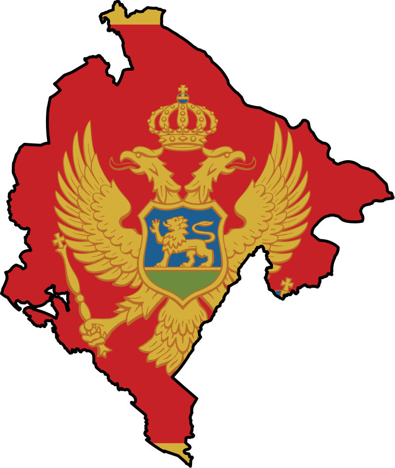 黑山國旗與國徽地圖 壁紙 — 紅色黑山地圖，黑色輪廓，金色雙頭鷹和皇冠居中於藍色盾牌上，盾牌上有獅子。