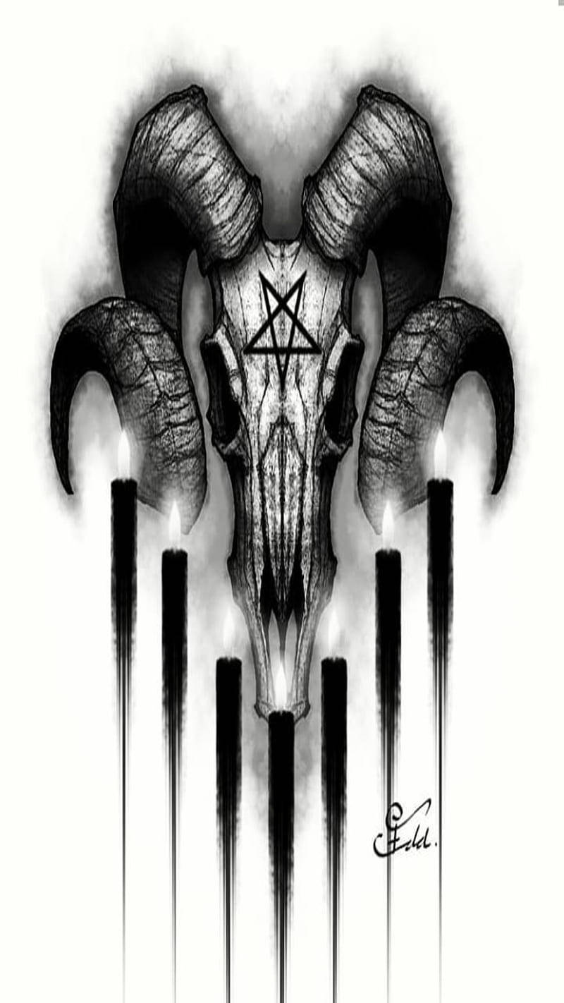 公羊頭骨帶有五角星和蠟燭的黑白插圖。