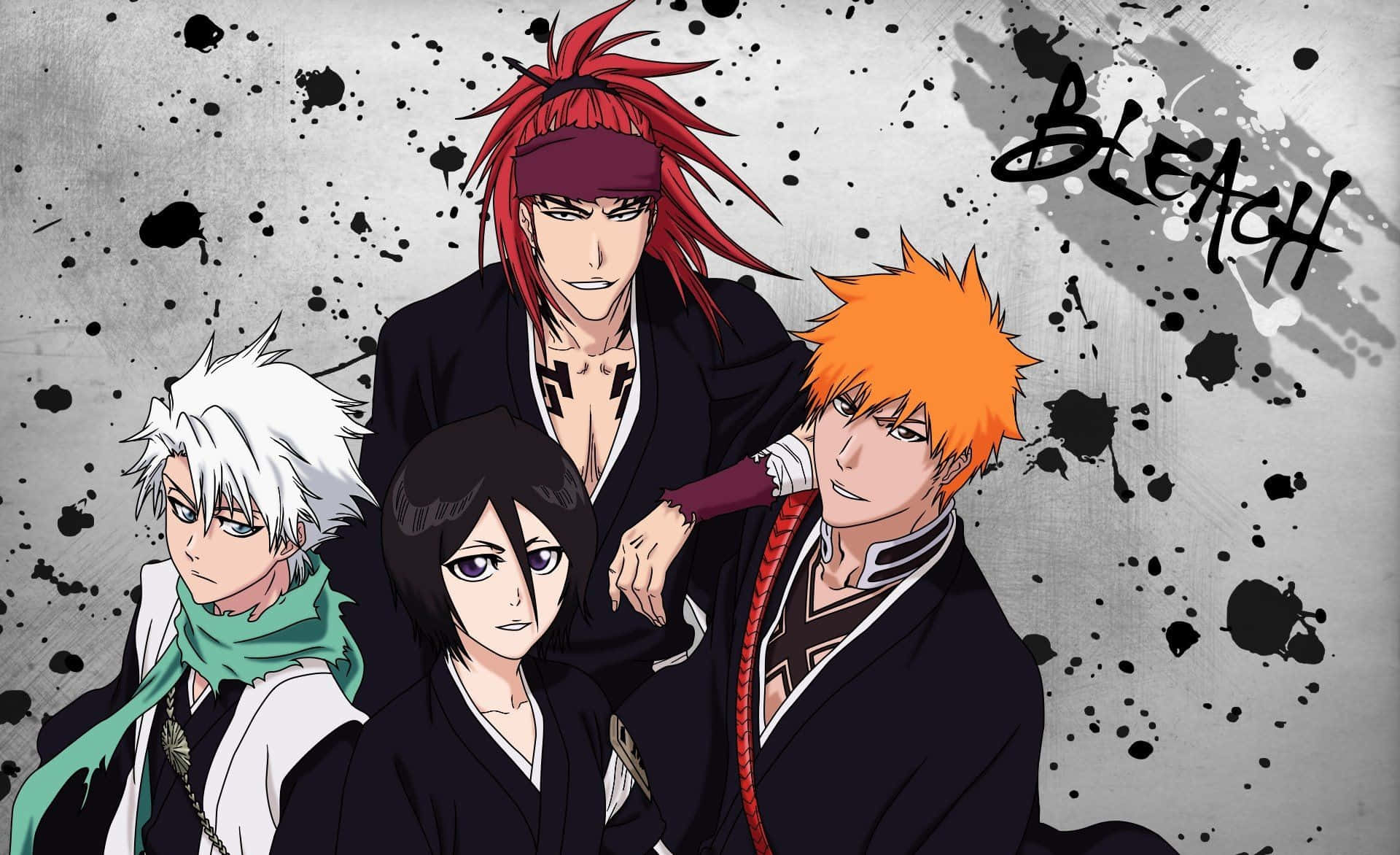 四個來自 Bleach 的動漫角色，頭髮尖尖，身穿黑色制服，在灰色潑濺背景上。
