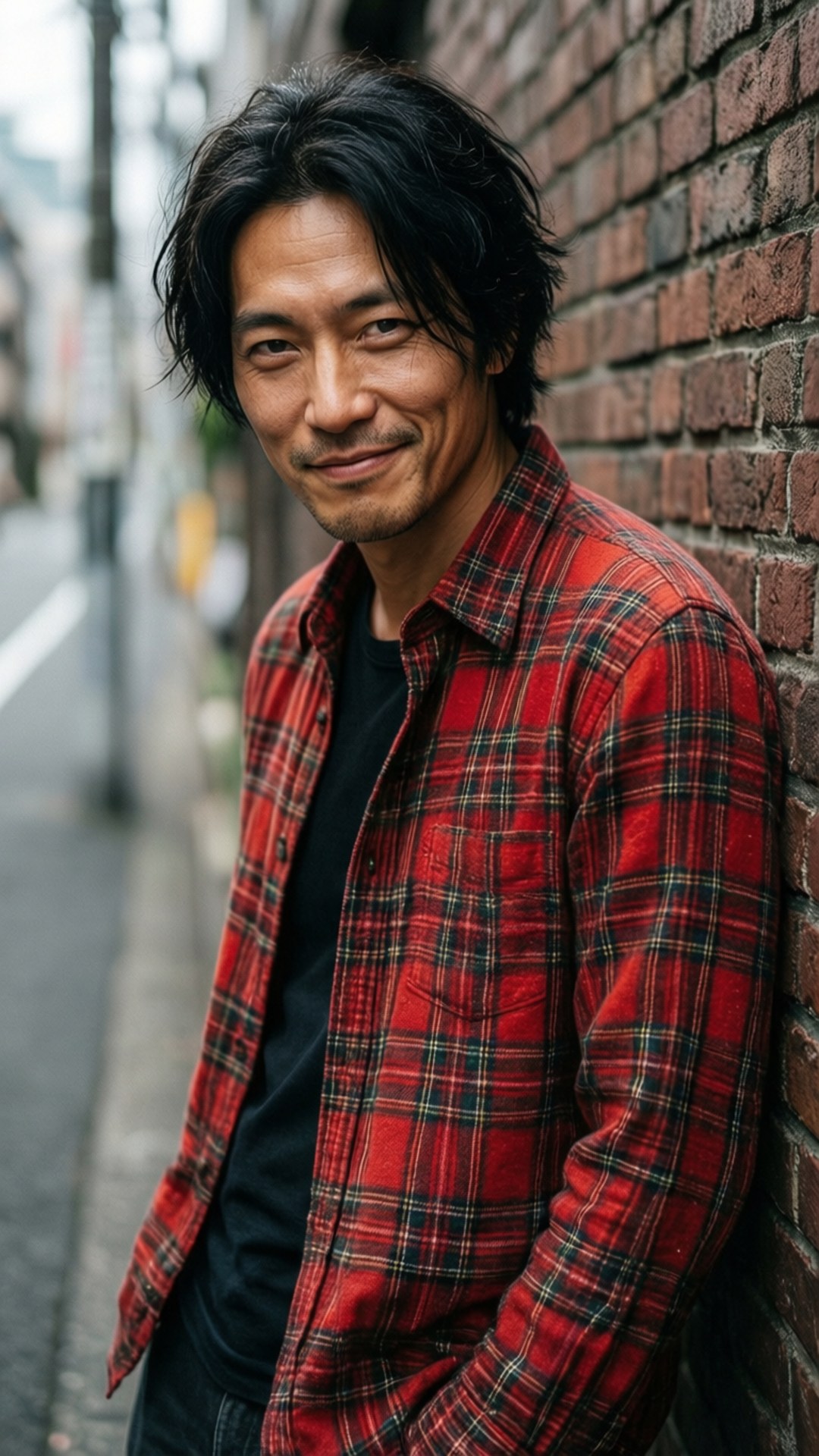 黑崎一護紅格紋 壁紙 — 一個黑髮男人靠喺紅磚牆上，著住紅色格仔恤衫，對住鏡頭溫柔咁微笑。