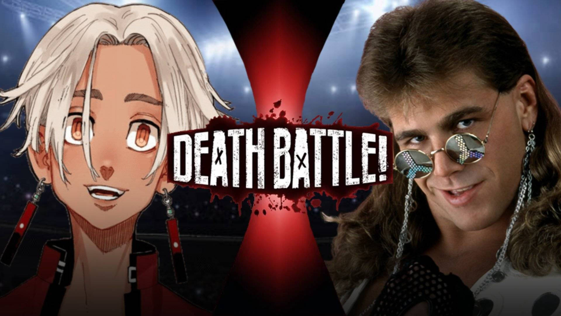 動漫角色與1980年代摔角手在Death Battle標誌分割畫面中。