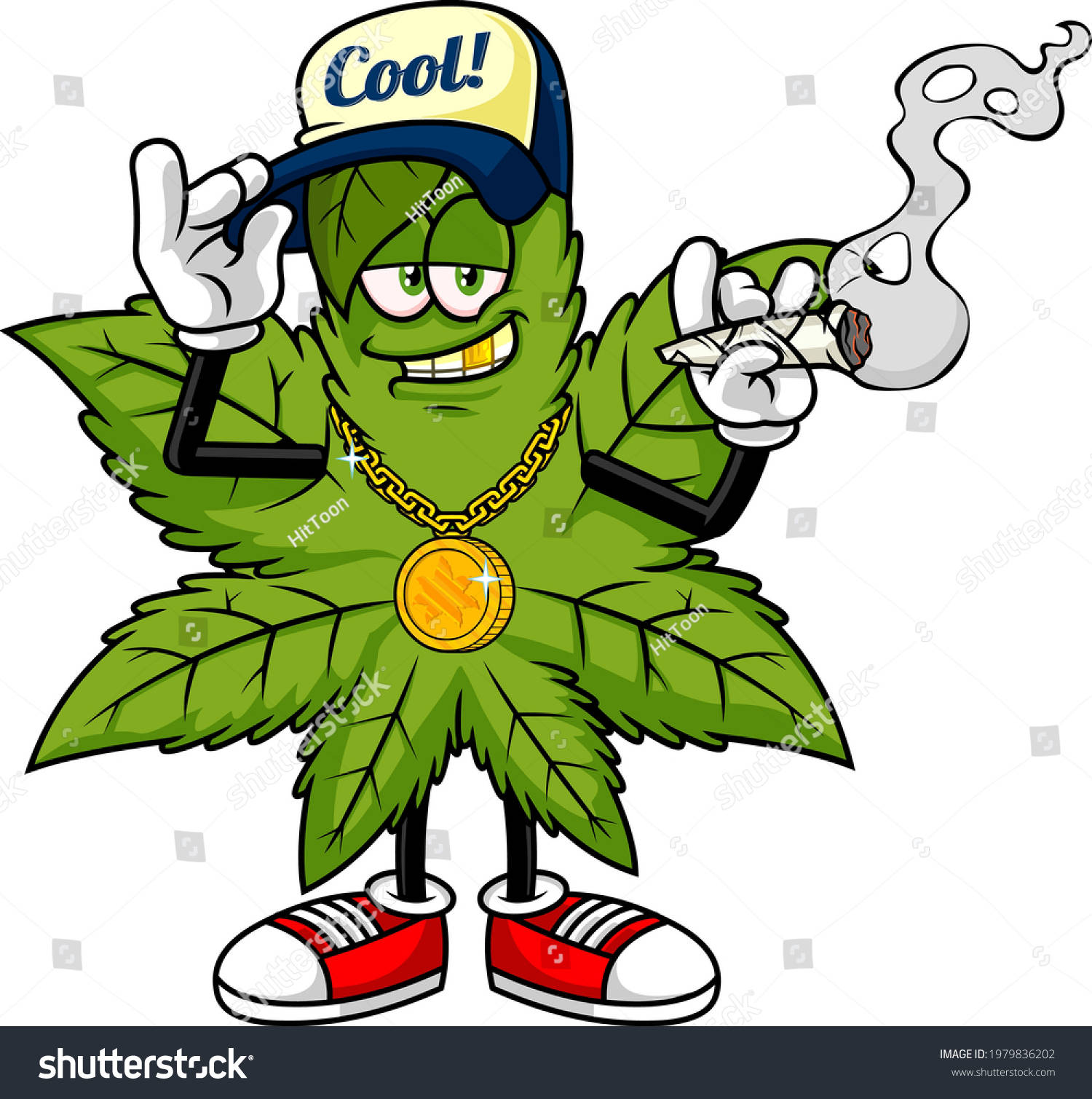 綠色卡通葉角色抽大麻煙戴帽子鏈和運動鞋
