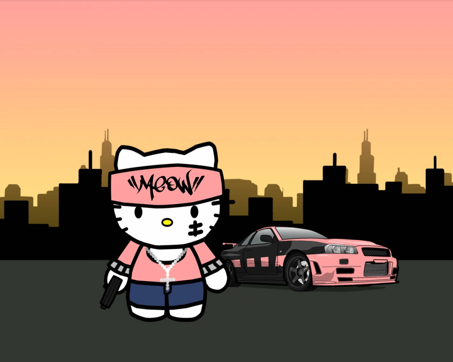 穿著街頭服的Hello Kitty在日落時分的城市中站在一輛粉紅色跑車旁邊。