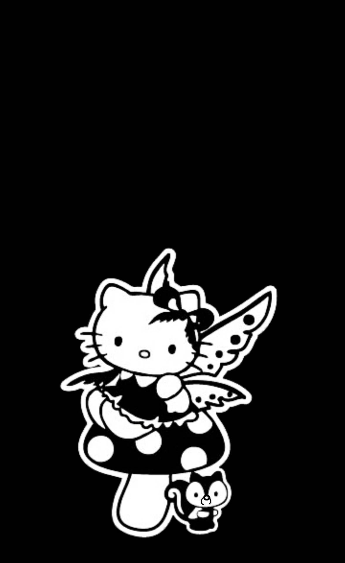 Hello Kitty仙子在蘑菇上與小貓同伴的黑白線條畫。