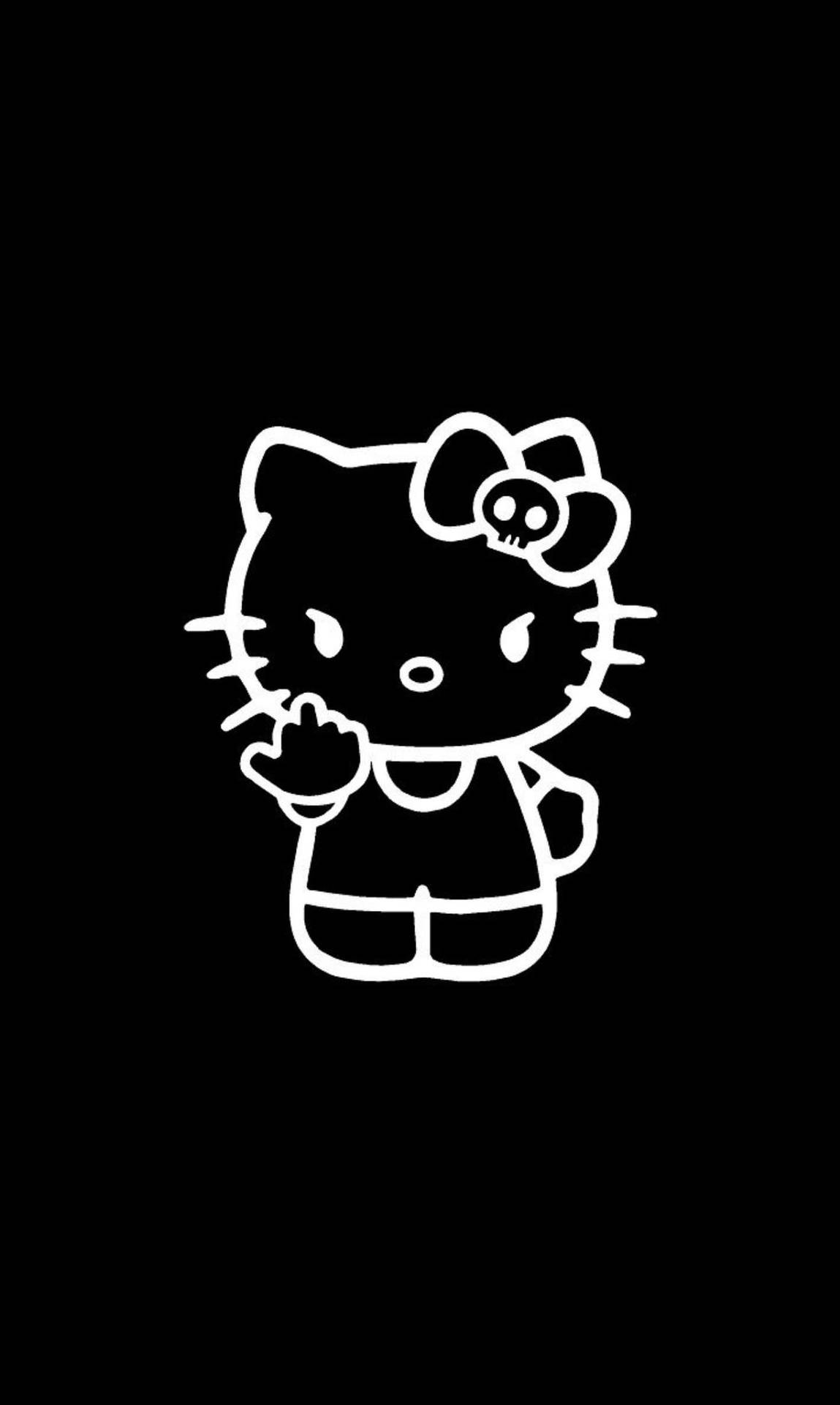 Hello Kitty 戴著骷髏頭蝴蝶結，在黑色背景上以白色輪廓豎起中指。