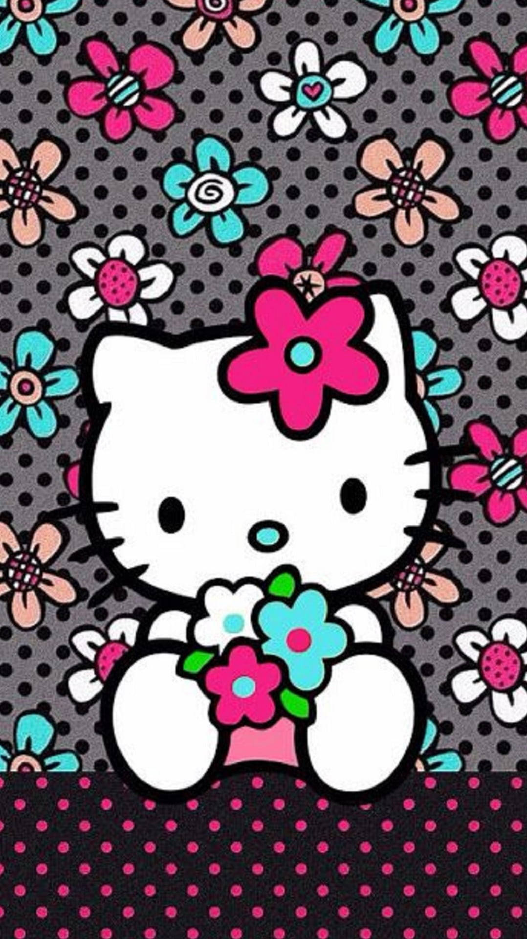 Hello Kitty 喺圓點背景上手持花朵。
