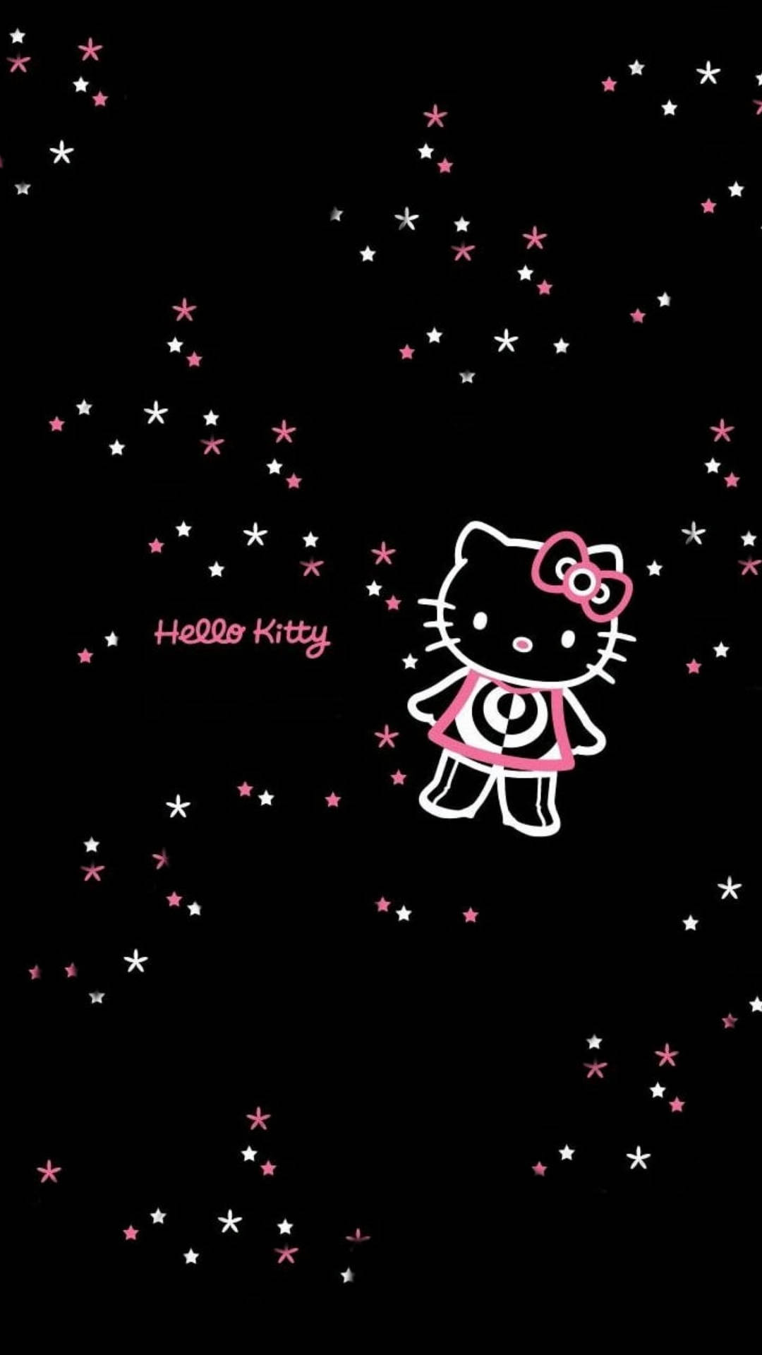 Hello Kitty 角色在黑色背景上被粉紅色和白色星星包圍。