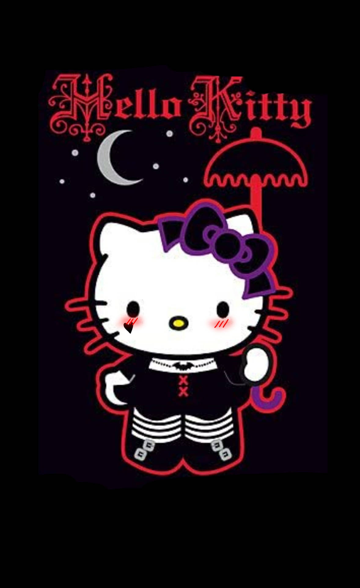 Hello Kitty 身穿哥德式吸血鬼服裝，在月亮下撐傘