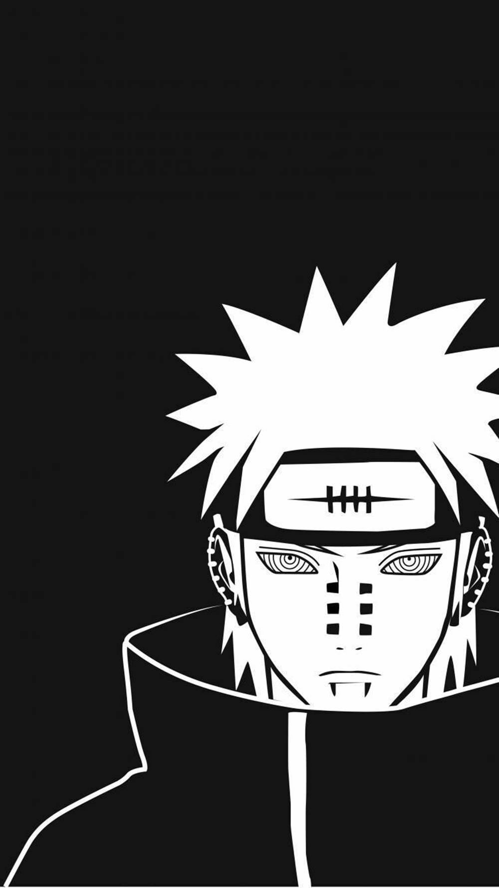 黑底壁紙：曉組織 Yahiko 壁紙 — 一幅鮮明的白色線條藝術肖像，描繪一個頭髮尖刺、戴頭帶、臉上有標記的動漫角色，背景為純黑色。
