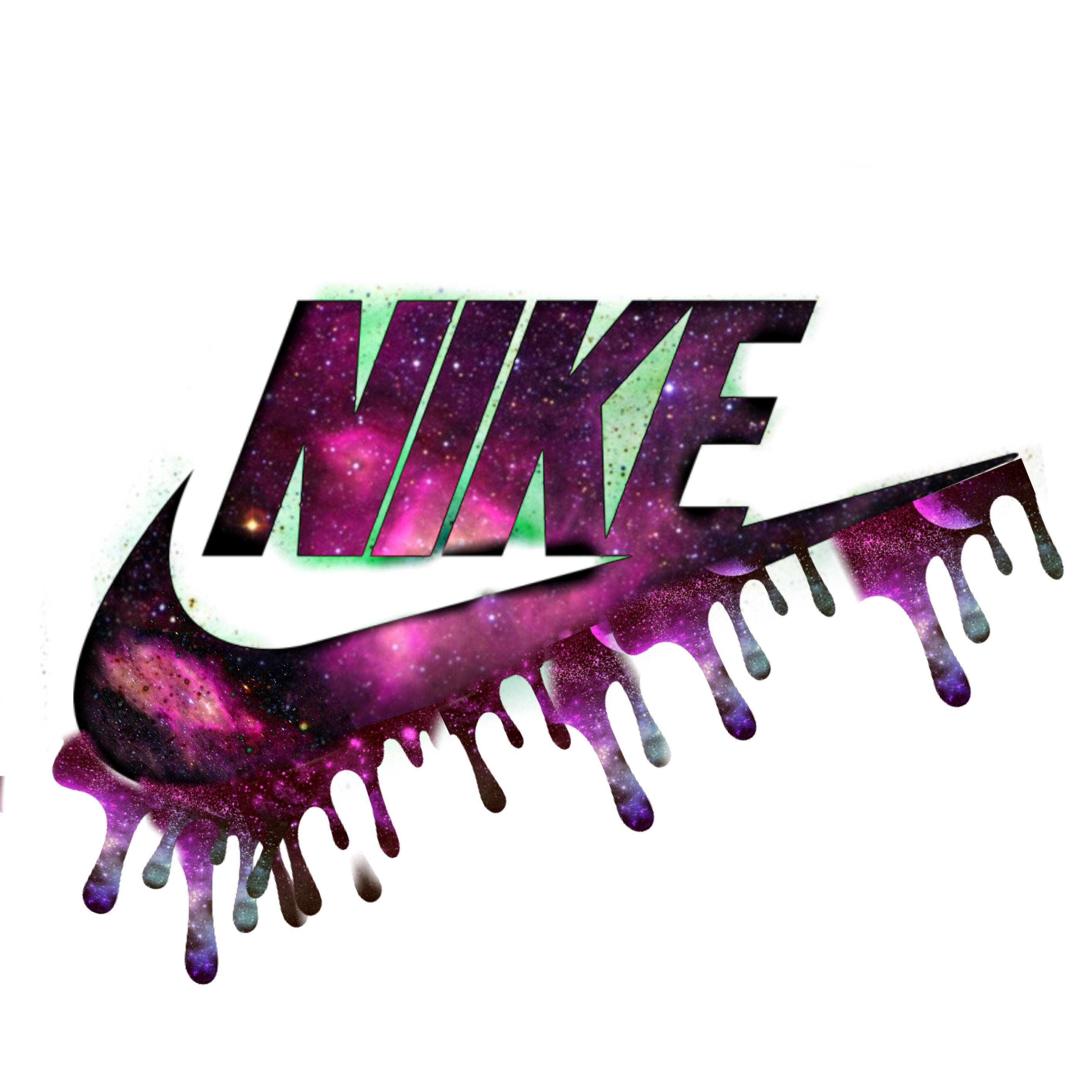 黑底滴落銀河耐克 壁紙 — Nike 標誌充滿充滿活力的紫色星系星星和滴落油漆效果，背景為白色。