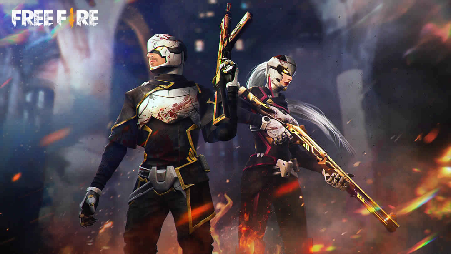 來自 Free Fire 的兩名身穿裝甲的玩家在熾熱的戰鬥場景中手持步槍。
