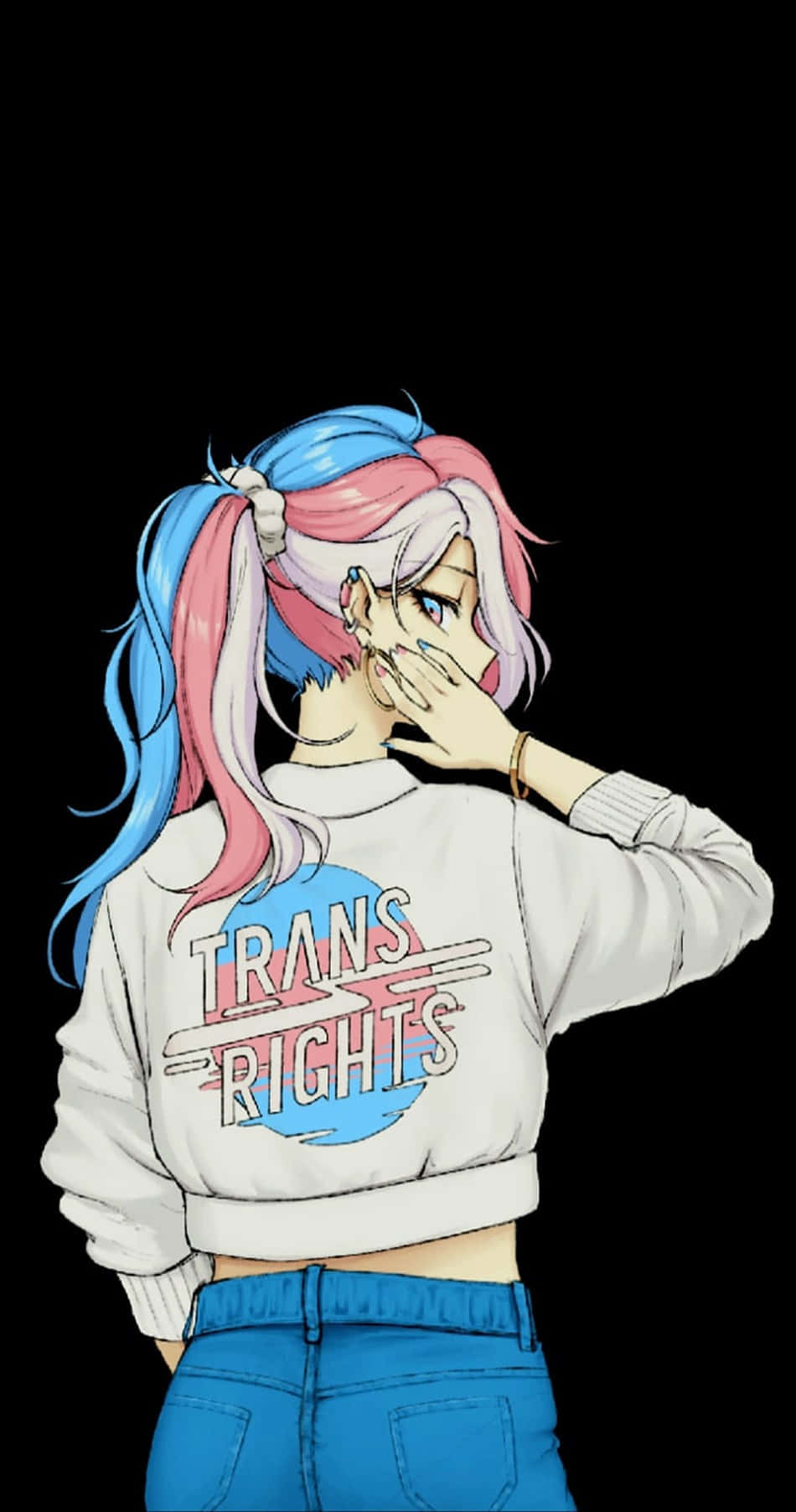 動漫女孩，粉紅色和藍色的頭髮，捂著嘴，穿著一件「Trans Rights」衛衣。