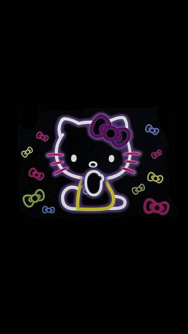 Hello Kitty以螢光色搭配蝴蝶結，置於黑色背景上。