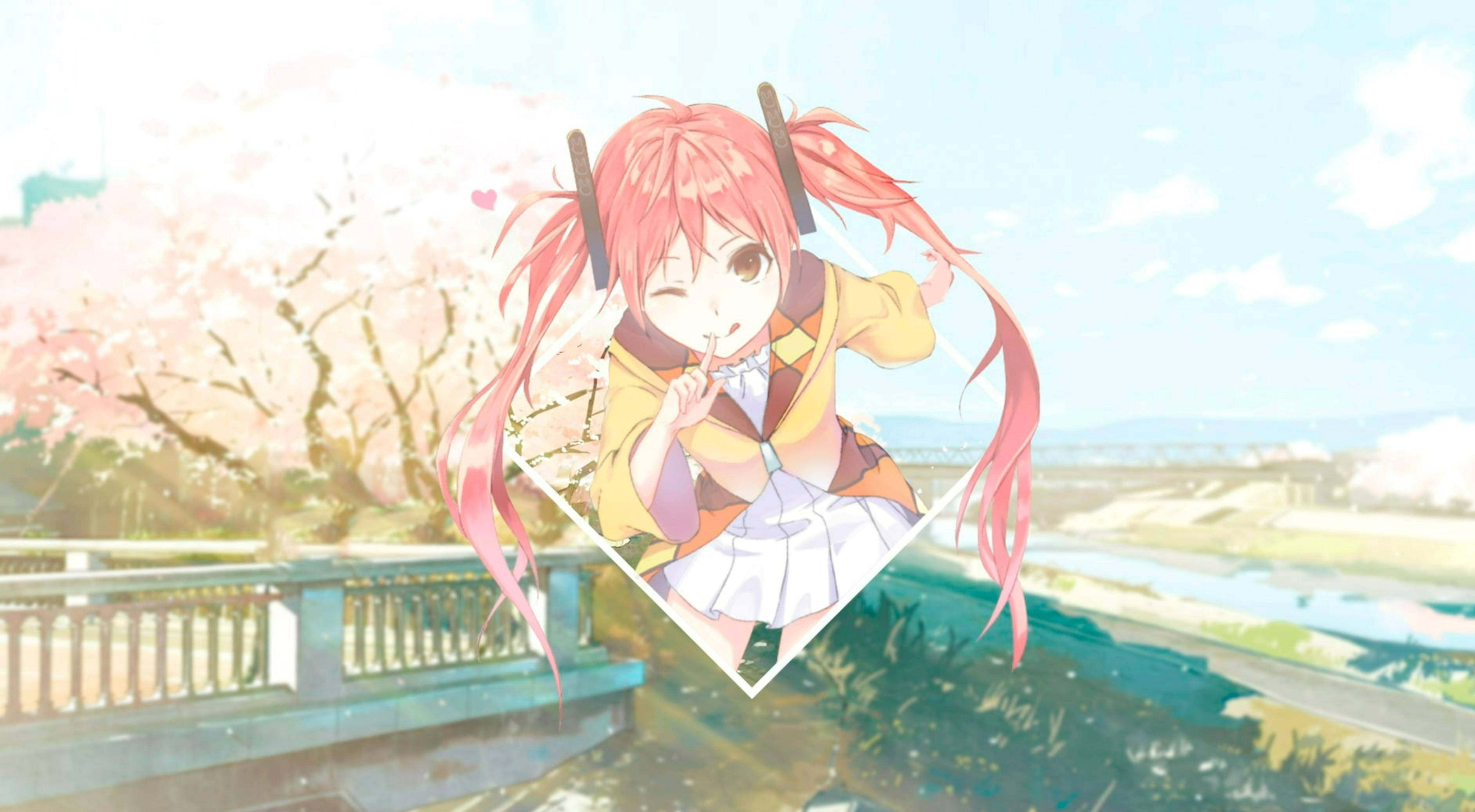 黑彈 Enju Aihara 櫻花藝術 壁紙 — 一個開心的動漫女孩，紮著粉紅色雙馬尾，在盛開的櫻花和橋樑背景下，將手指放在嘴唇上眨眼。