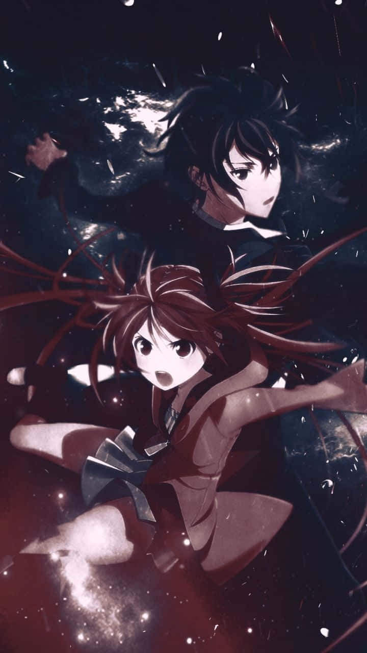 兩個動漫女孩在宇宙粒子和黑暗能量漩渦中移動。