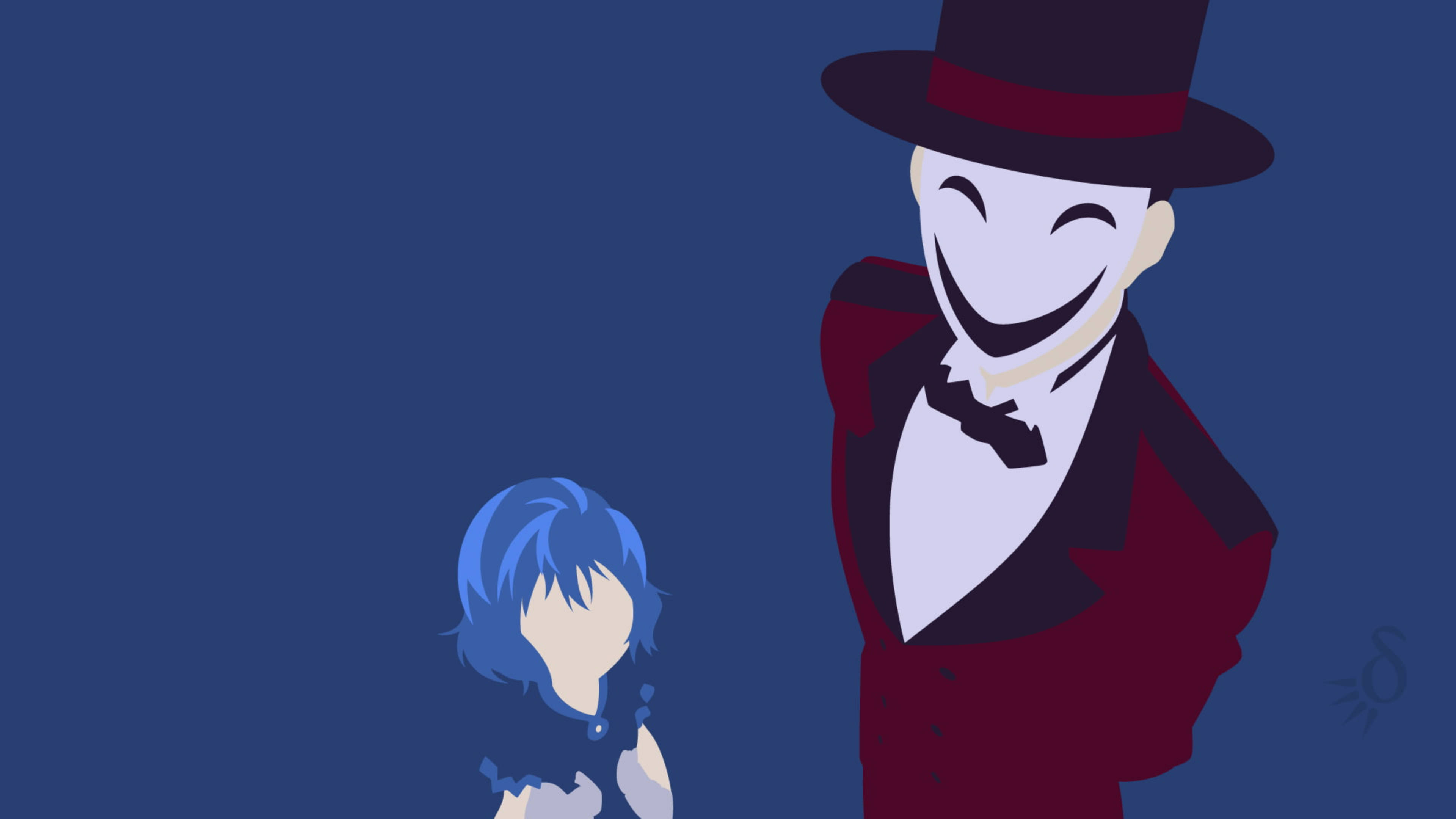 黑彈小葵與加賀田矢 壁紙 — 一個風格化的插圖，描繪一個戴高帽和燕尾服的高大蒙面人物，站在一個藍色頭髮的小孩旁邊，背景為純藍色。