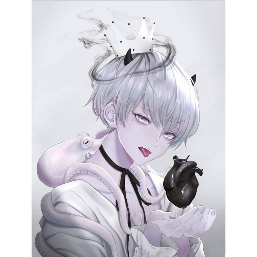 動漫角色，銀色頭髮和惡魔角，手持黑色心臟，肩膀上有一隻章魚。