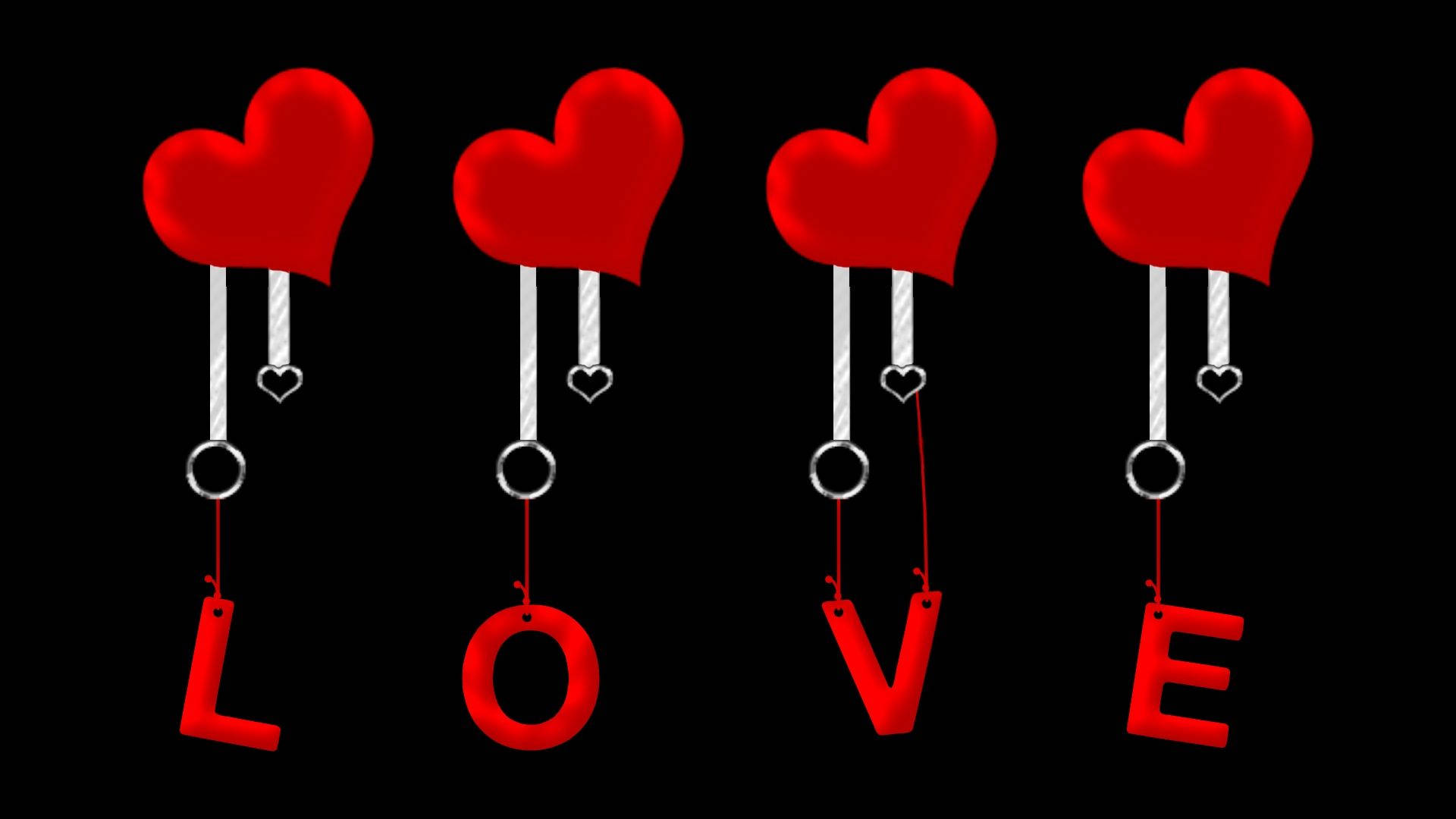黑愛 字母繩結 壁紙 — 四個紅色心形懸掛在粗體紅色字母 LOVE 上方，背景為黑色。