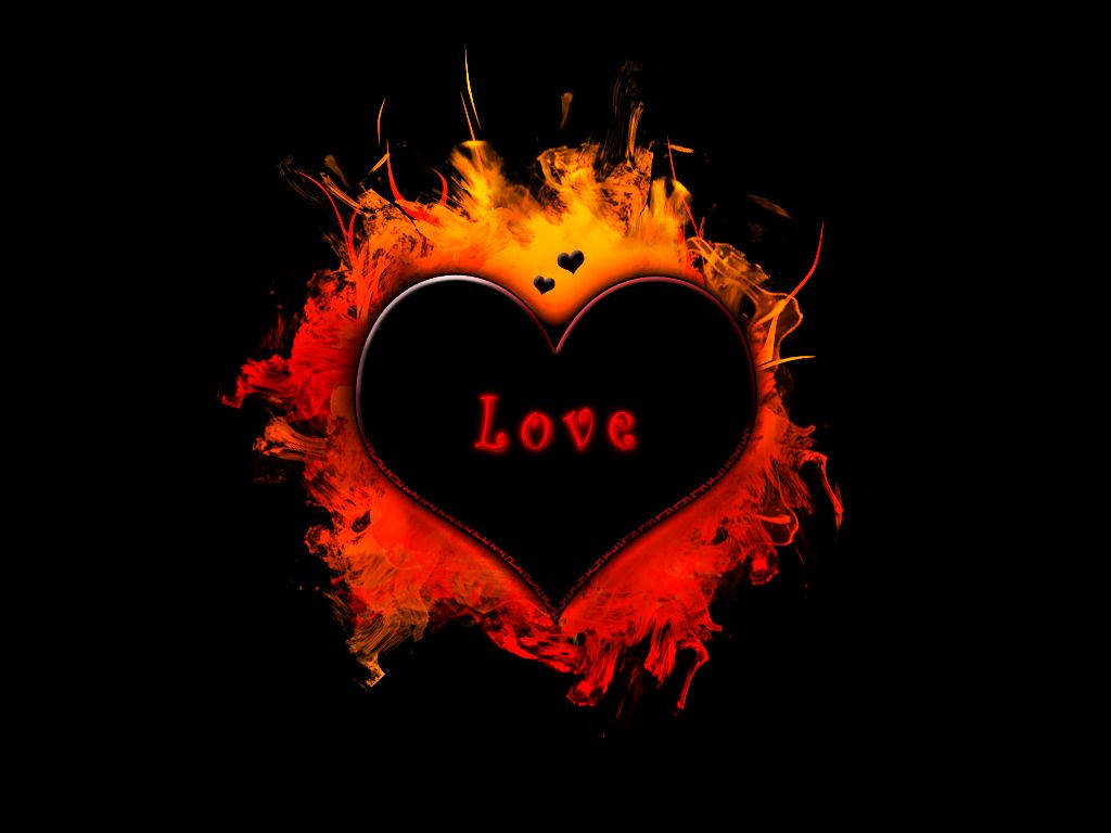 黑愛燃燒之心 壁紙 — 一顆帶有love字樣的熾熱心臟在黑色背景上明亮地燃燒，上方有小愛心。