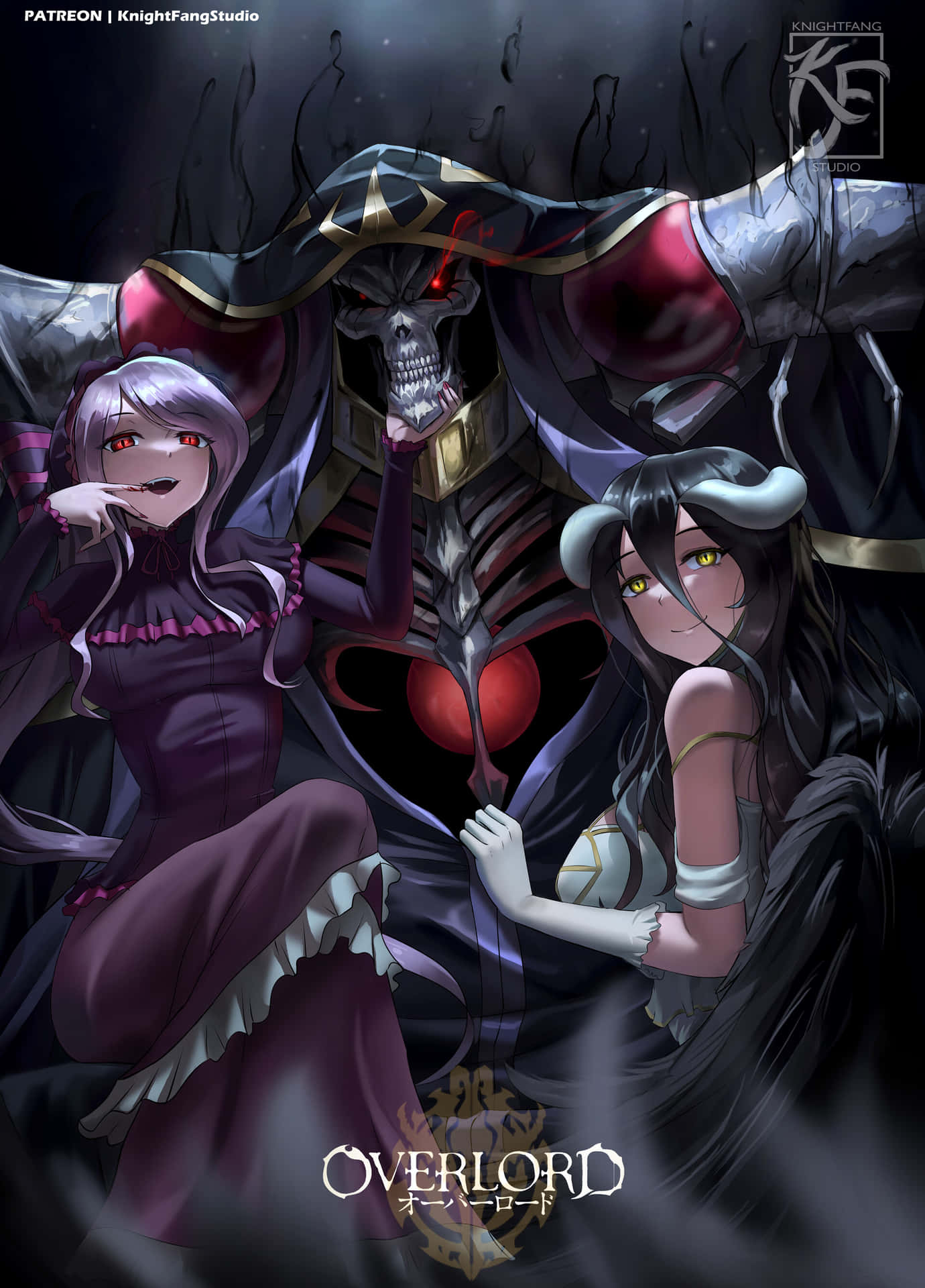 黑暗 Overlord 海報圖像 壁紙 — 兩個動漫女孩簇擁著一個身穿暗黑哥德式服裝、眼睛發紅光並帶有心形圖案的高聳骷髏霸主。
